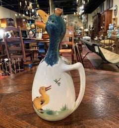 19th Century French Saint Clement Barbotine Faience Olive Oil Duck Pitcher