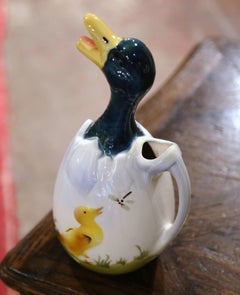 19th Century French Saint Clement Barbotine Faience Olive Oil Duck Pitcher