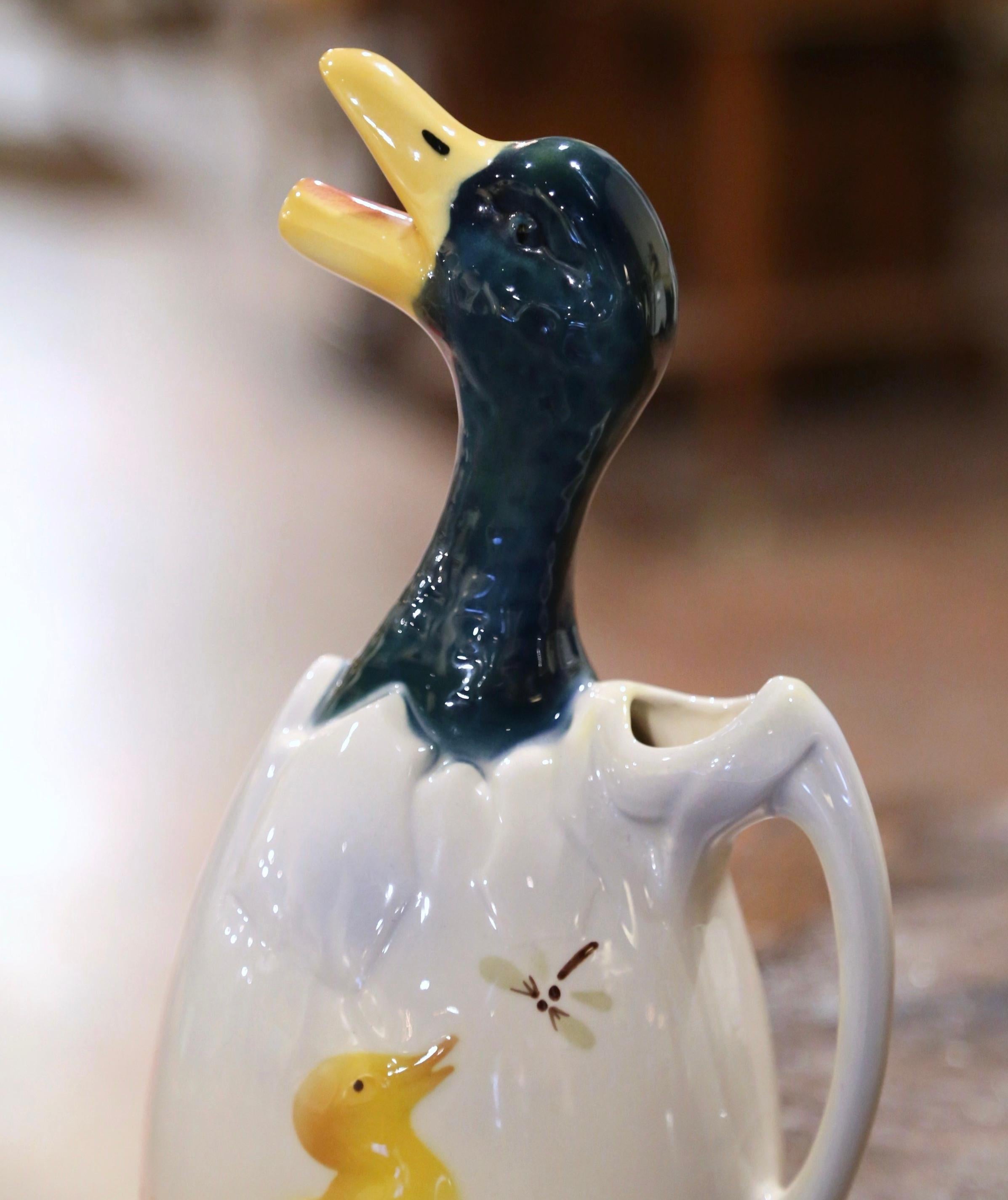 Hand-Crafted 19th Century French Saint Clement Barbotine Faience Olive Oil Duck Pitcher For Sale