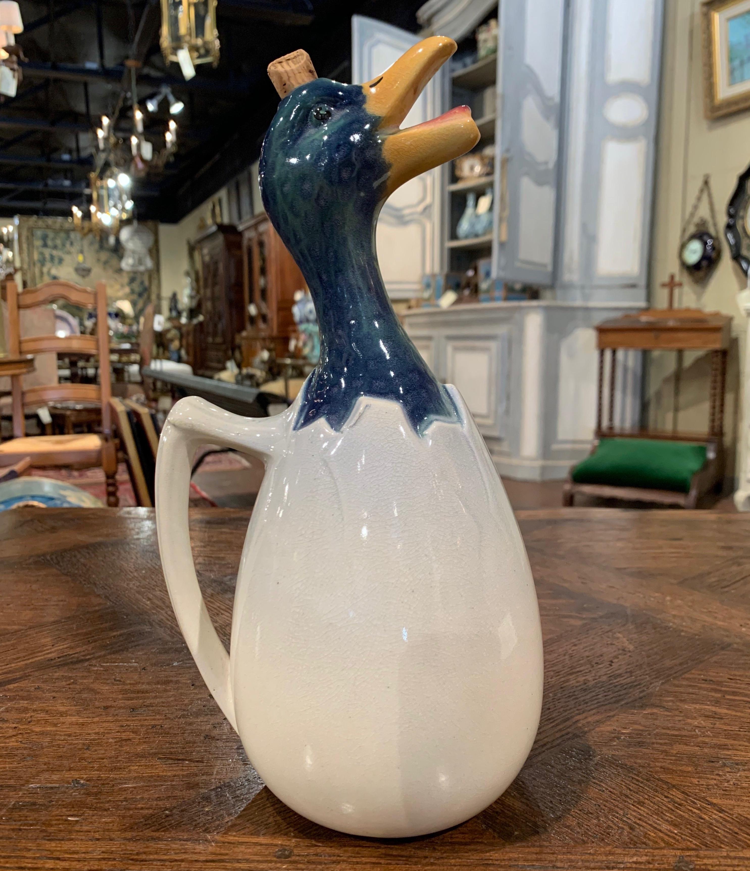 Hand-Crafted 19th Century French Saint Clement Barbotine Faience Olive Oil Duck Pitcher