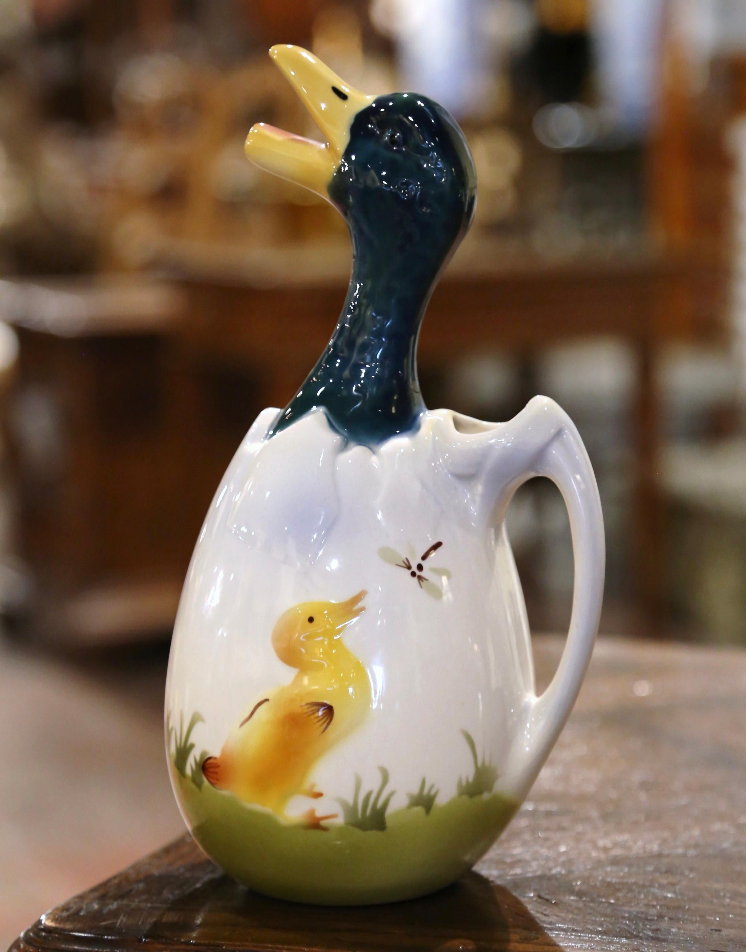 19th Century French Saint Clement Barbotine Faience Olive Oil Duck Pitcher In Excellent Condition For Sale In Dallas, TX