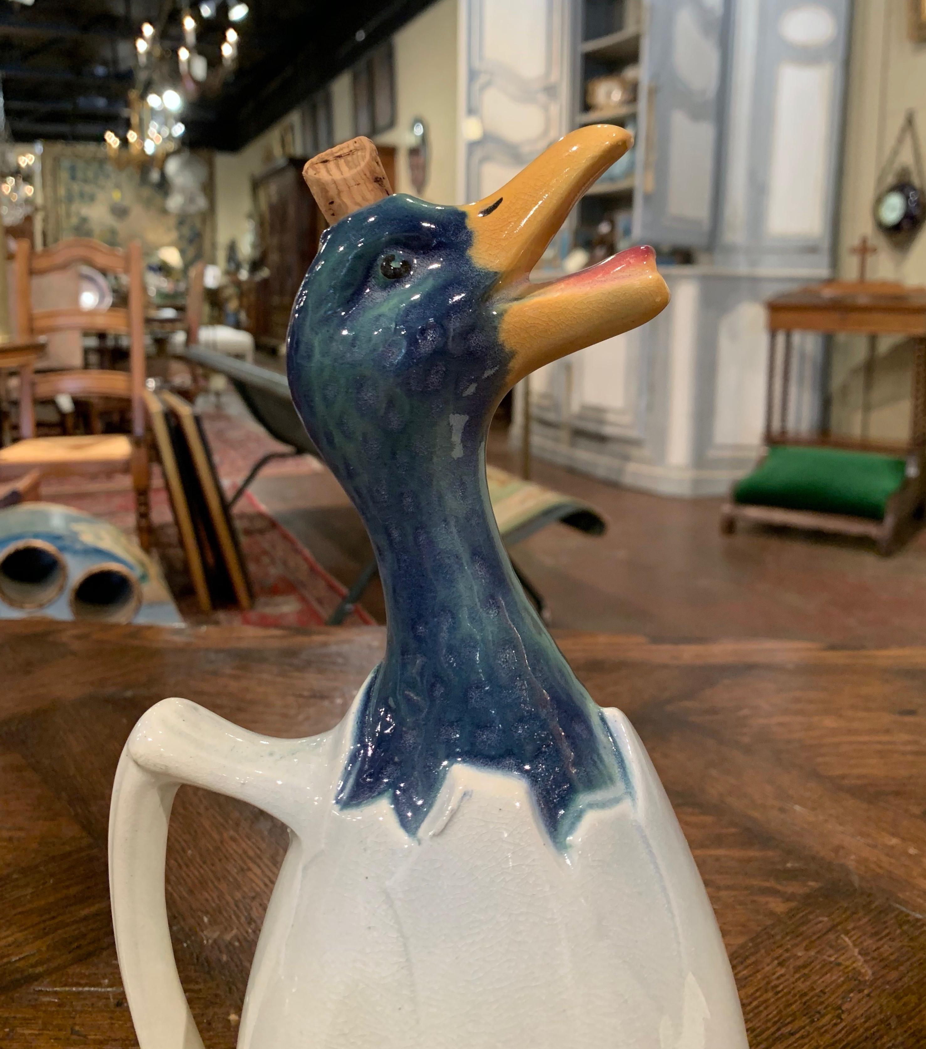 19th Century French Saint Clement Barbotine Faience Olive Oil Duck Pitcher In Excellent Condition In Dallas, TX