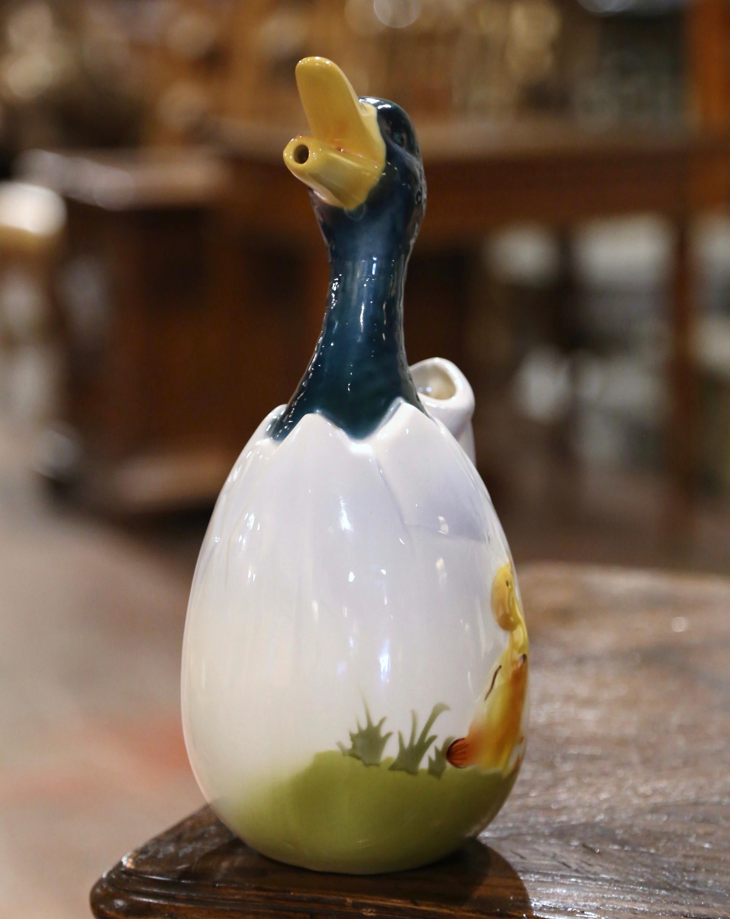 19th Century French Saint Clement Barbotine Faience Olive Oil Duck Pitcher For Sale 1