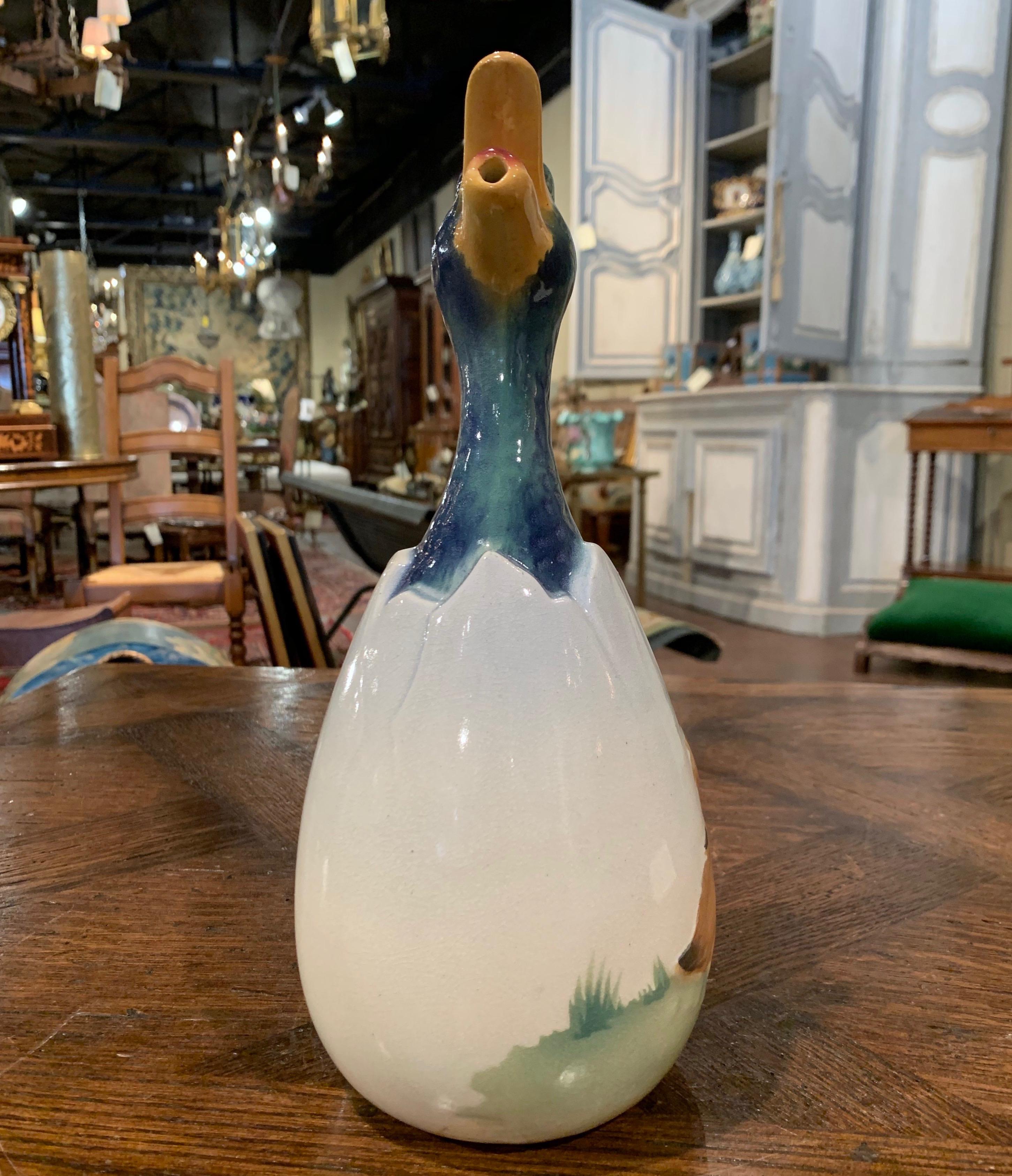 Ceramic 19th Century French Saint Clement Barbotine Faience Olive Oil Duck Pitcher