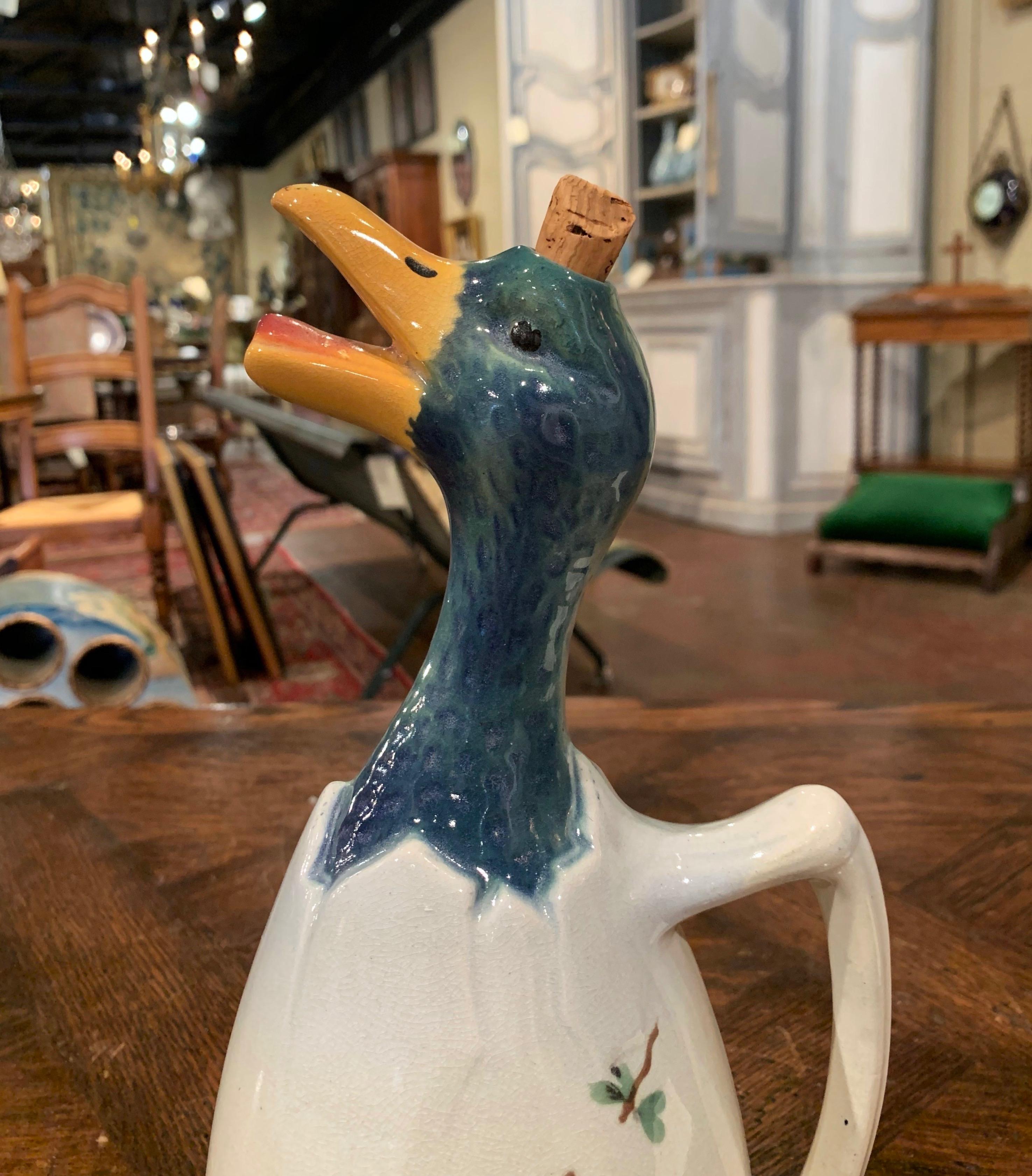 19th Century French Saint Clement Barbotine Faience Olive Oil Duck Pitcher 1