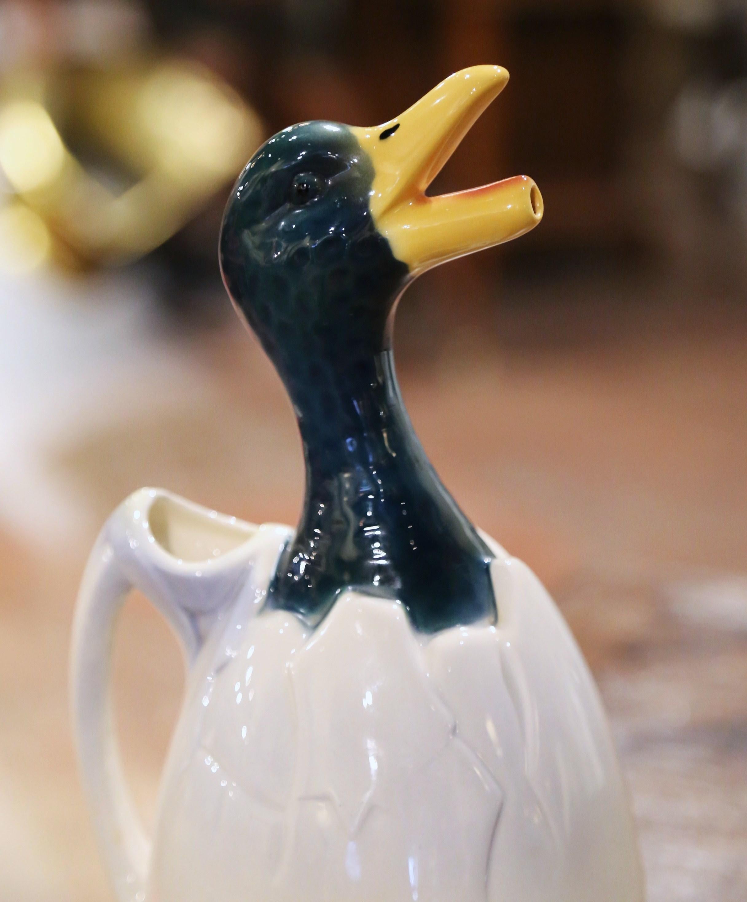 19th Century French Saint Clement Barbotine Faience Olive Oil Duck Pitcher For Sale 3