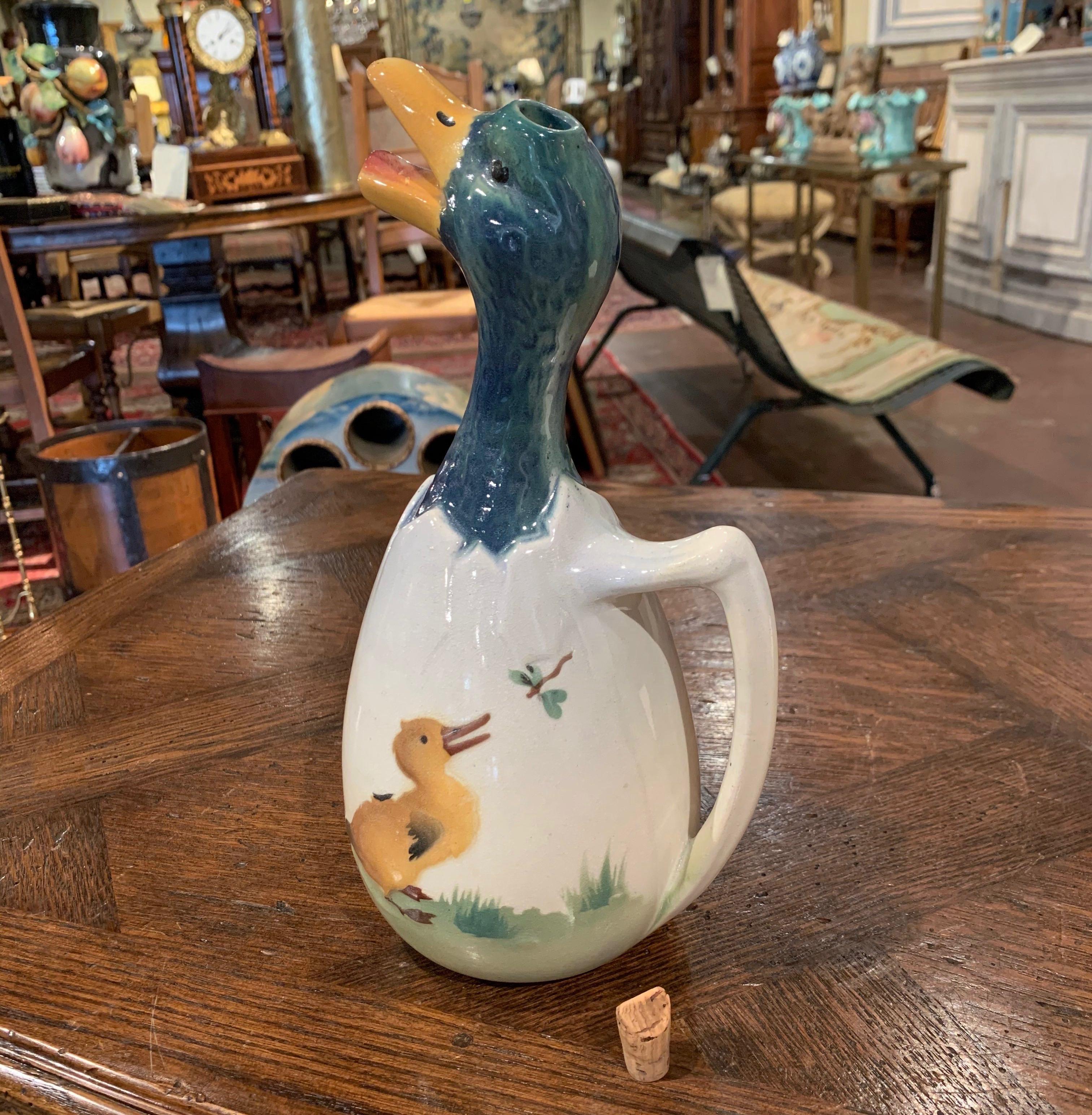 19th Century French Saint Clement Barbotine Faience Olive Oil Duck Pitcher 2
