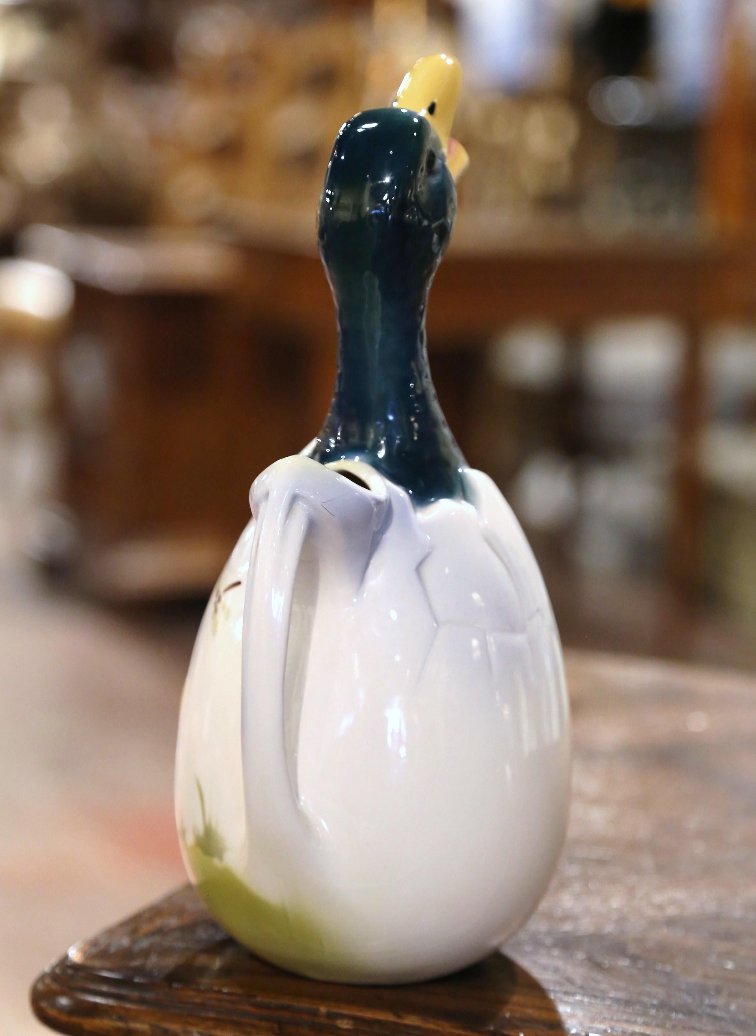 19th Century French Saint Clement Barbotine Faience Olive Oil Duck Pitcher For Sale 4