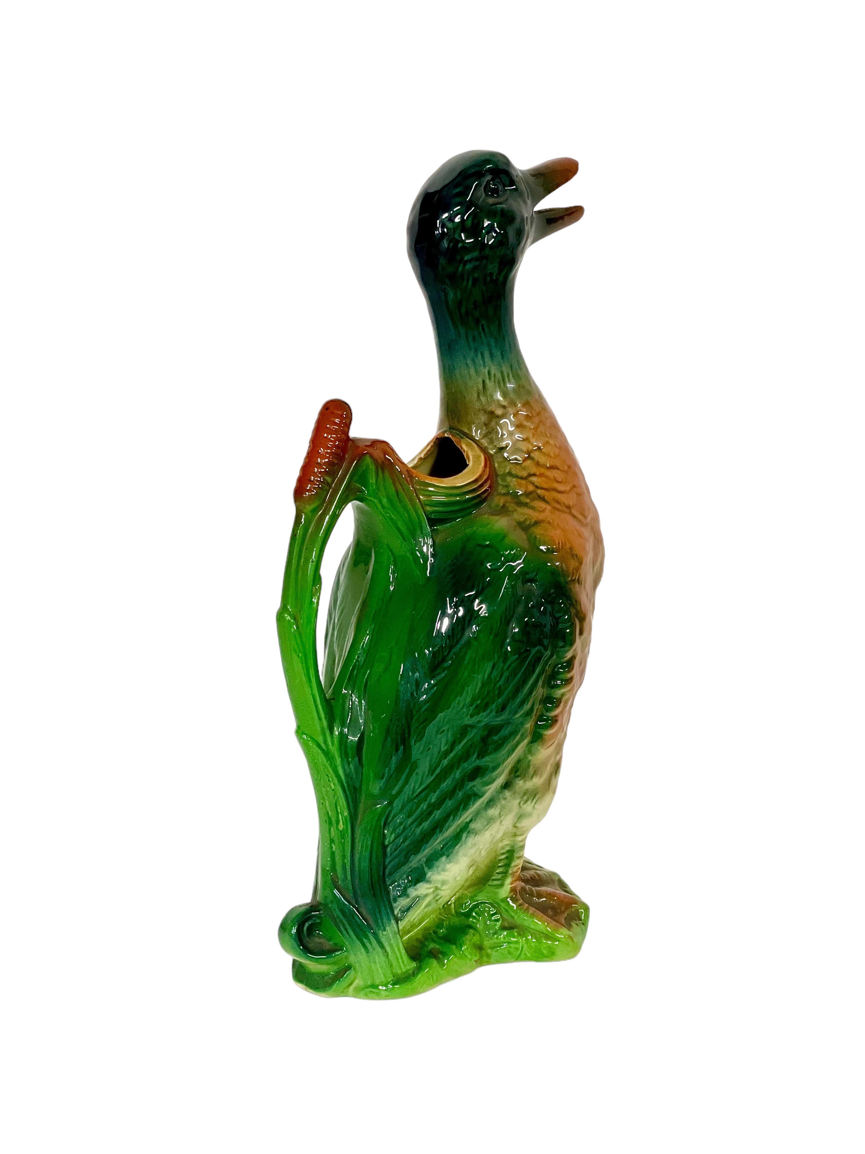 Faience 19th Century French Saint Clément Majolica Duck Mallard Pitcher For Sale