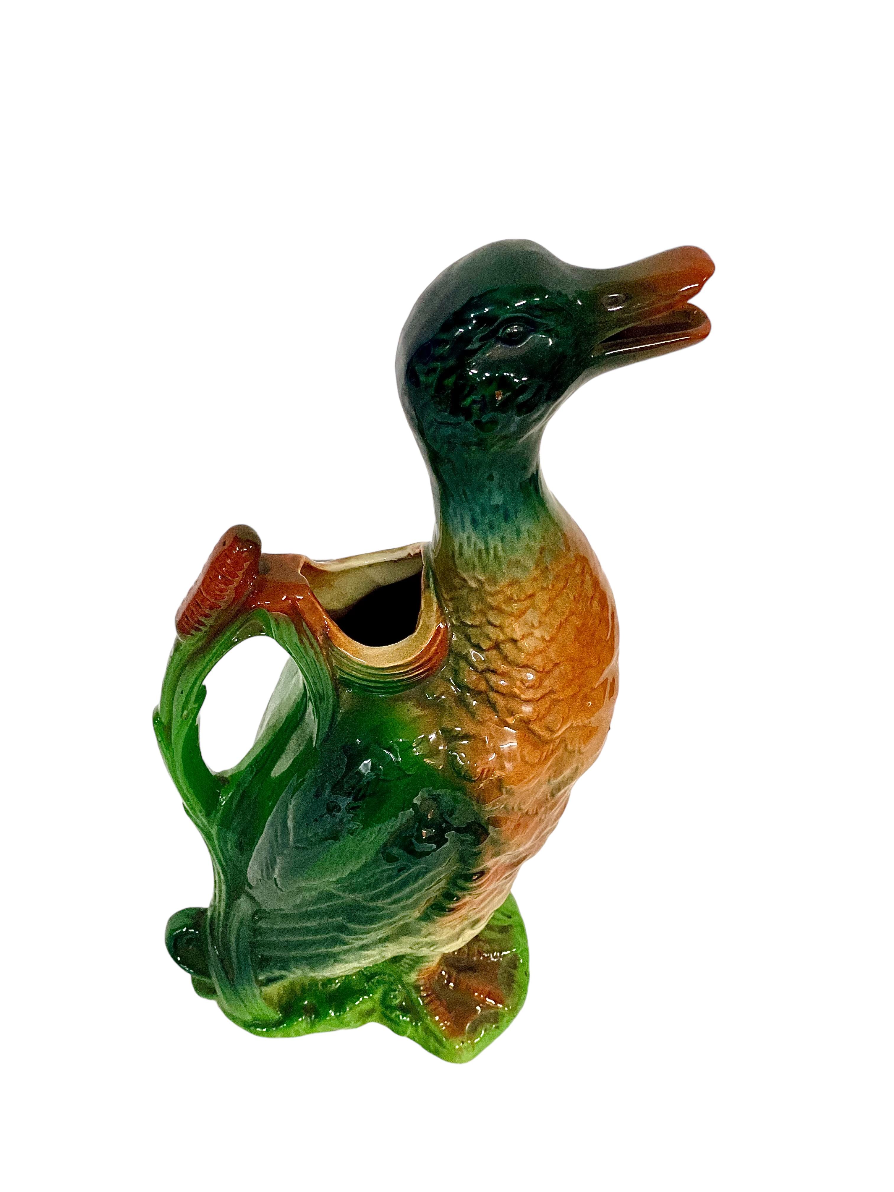 19th Century French Saint Clément Majolica Duck Mallard Pitcher For Sale 2