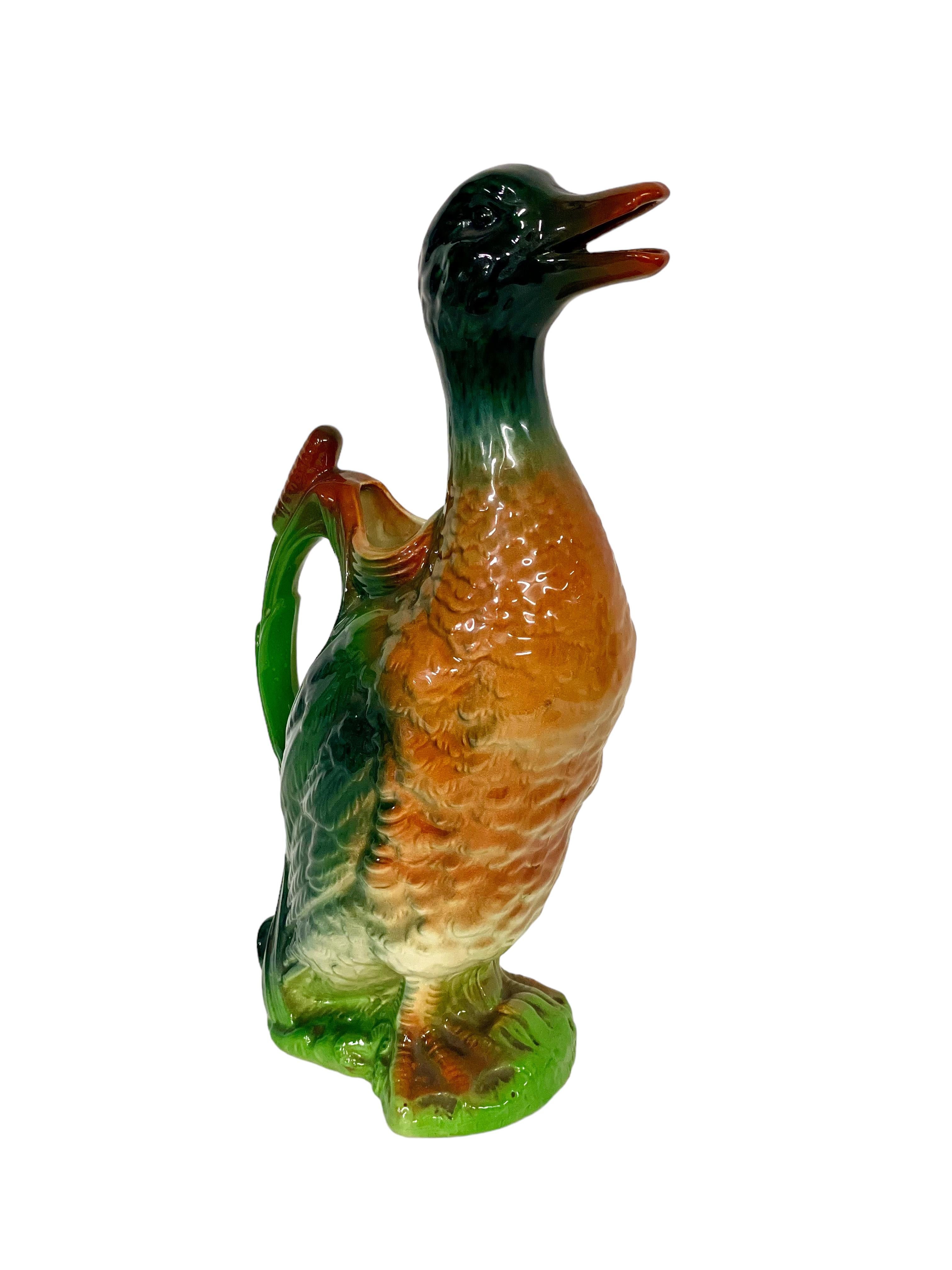 19th Century French Saint Clément Majolica Duck Mallard Pitcher For Sale 3