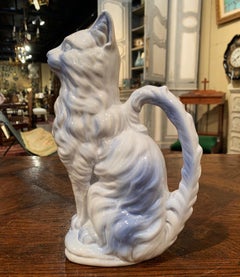 19th Century French Saint Clement Painted Ceramic Barbotine Cat Pitcher