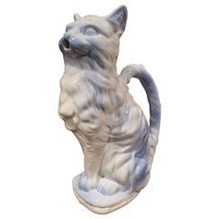 19th Century French Saint Clement Painted Ceramic Barbotine Cat Pitcher