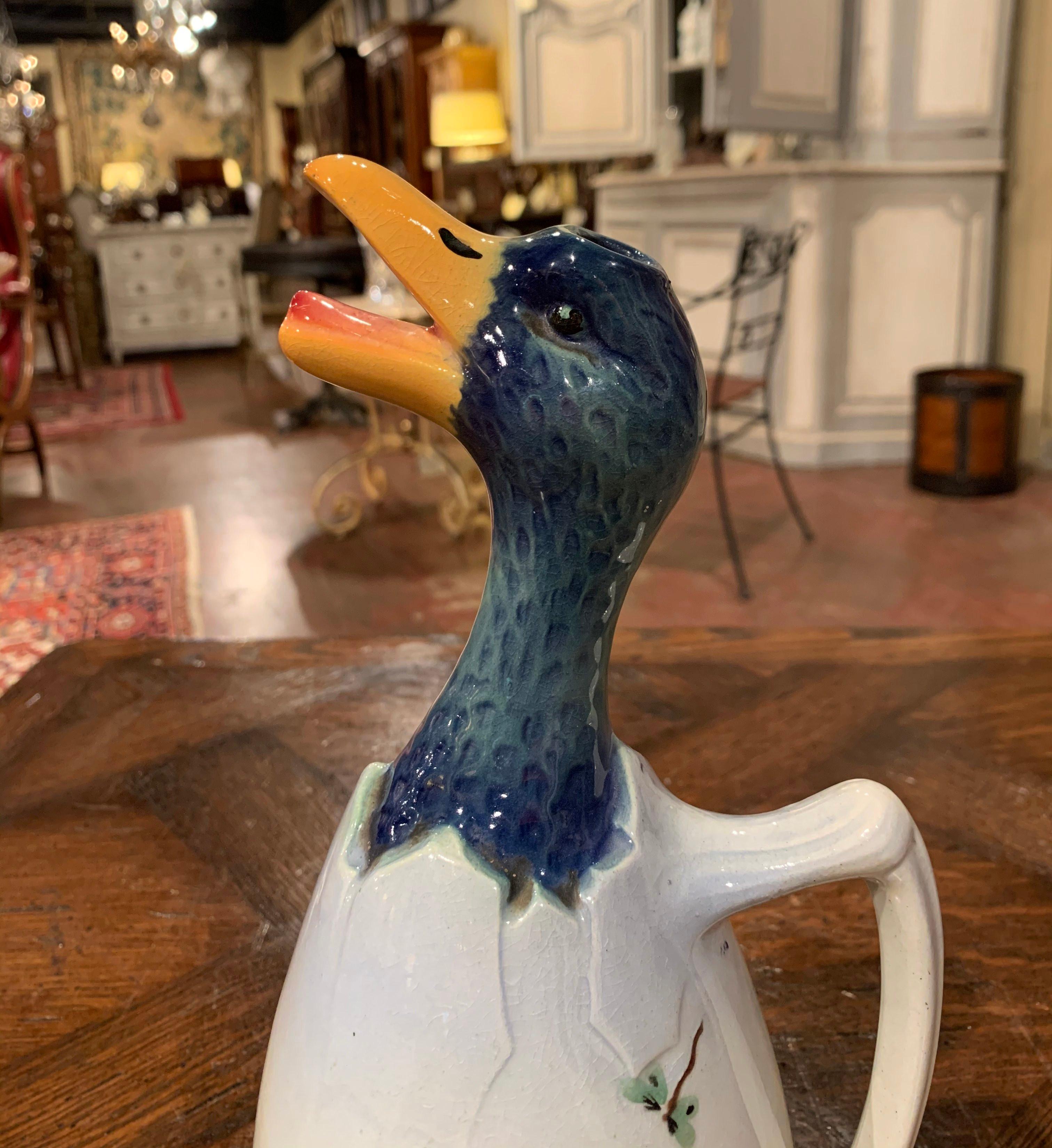 Hand-Painted 19th Century French Saint Clement Painted Ceramic Barbotine Duck Pitcher
