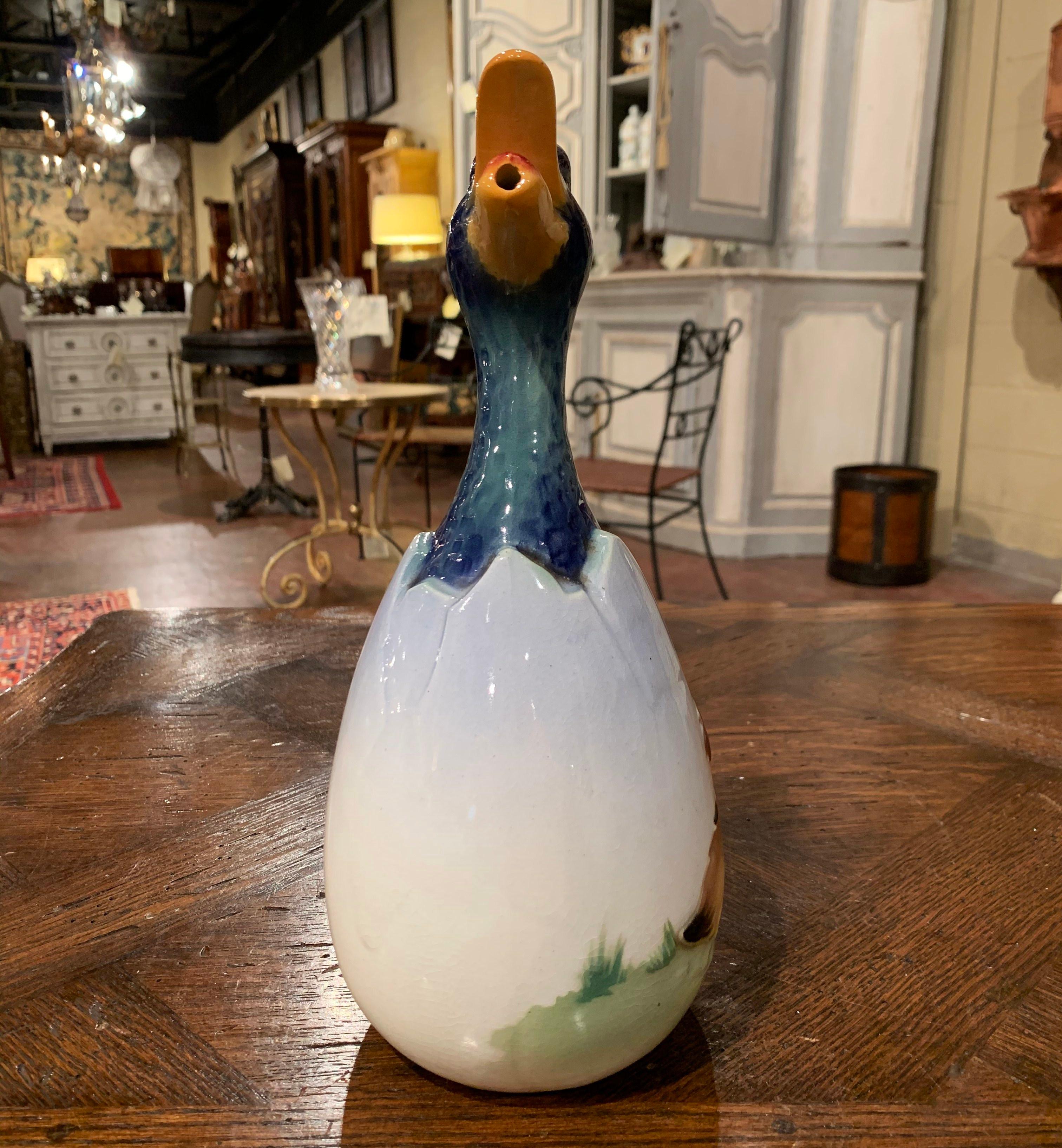 19th Century French Saint Clement Painted Ceramic Barbotine Duck Pitcher In Excellent Condition In Dallas, TX