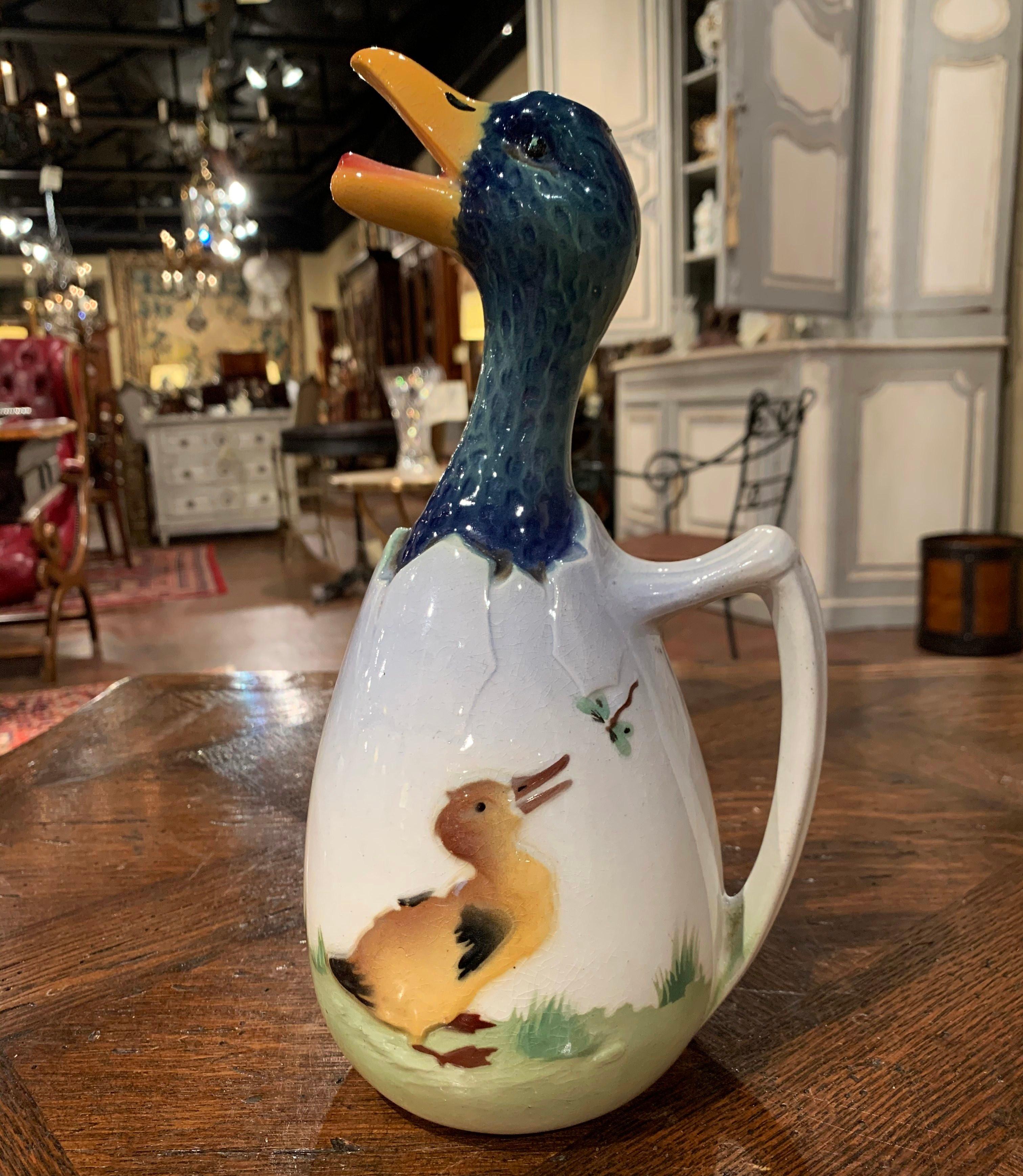 19th Century French Saint Clement Painted Ceramic Barbotine Duck Pitcher 1