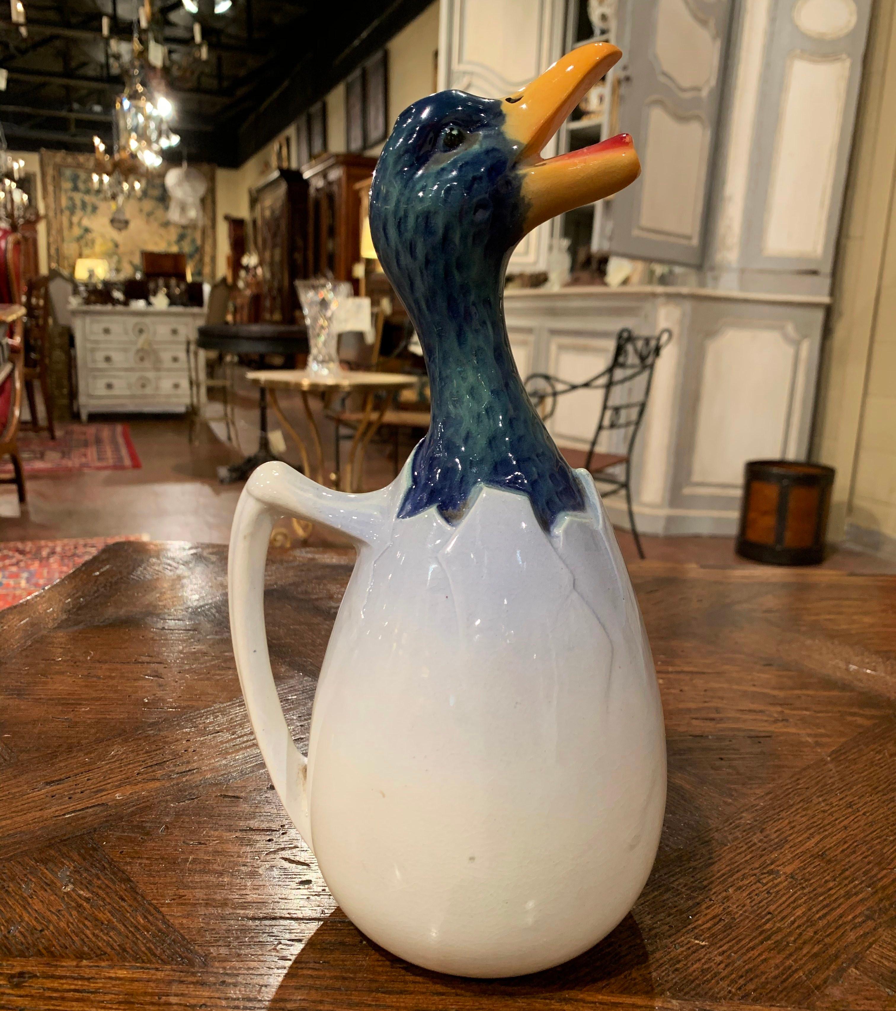 19th Century French Saint Clement Painted Ceramic Barbotine Duck Pitcher 2