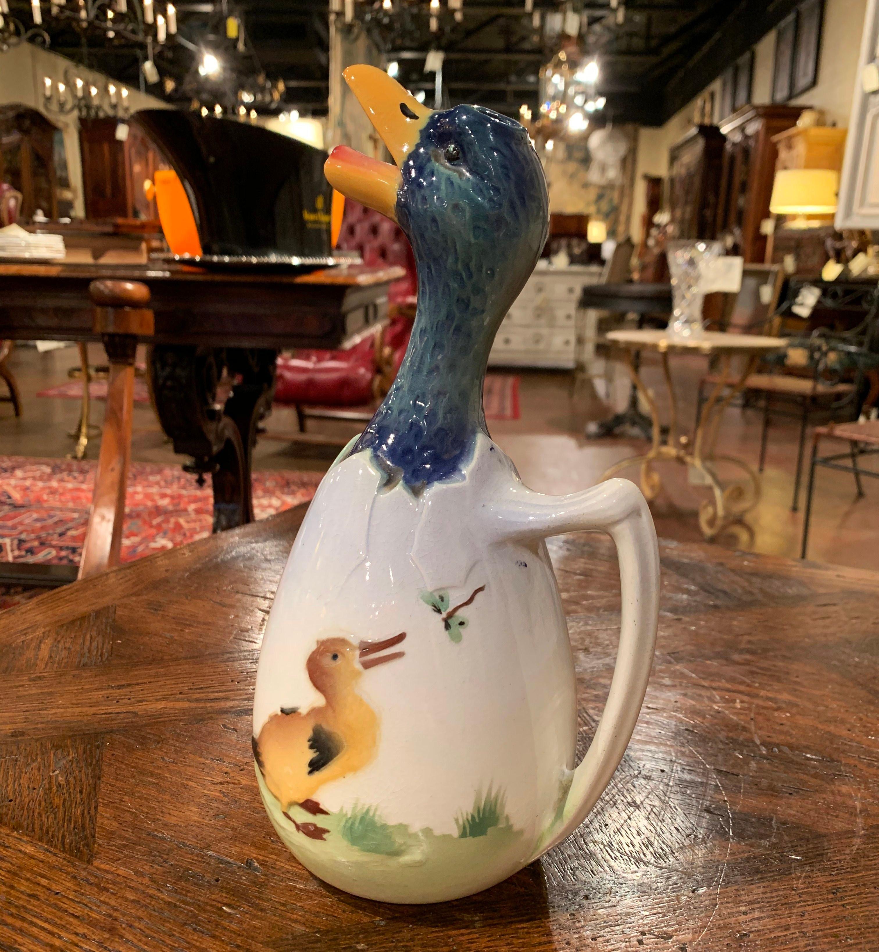 19th Century French Saint Clement Painted Ceramic Barbotine Duck Pitcher 4