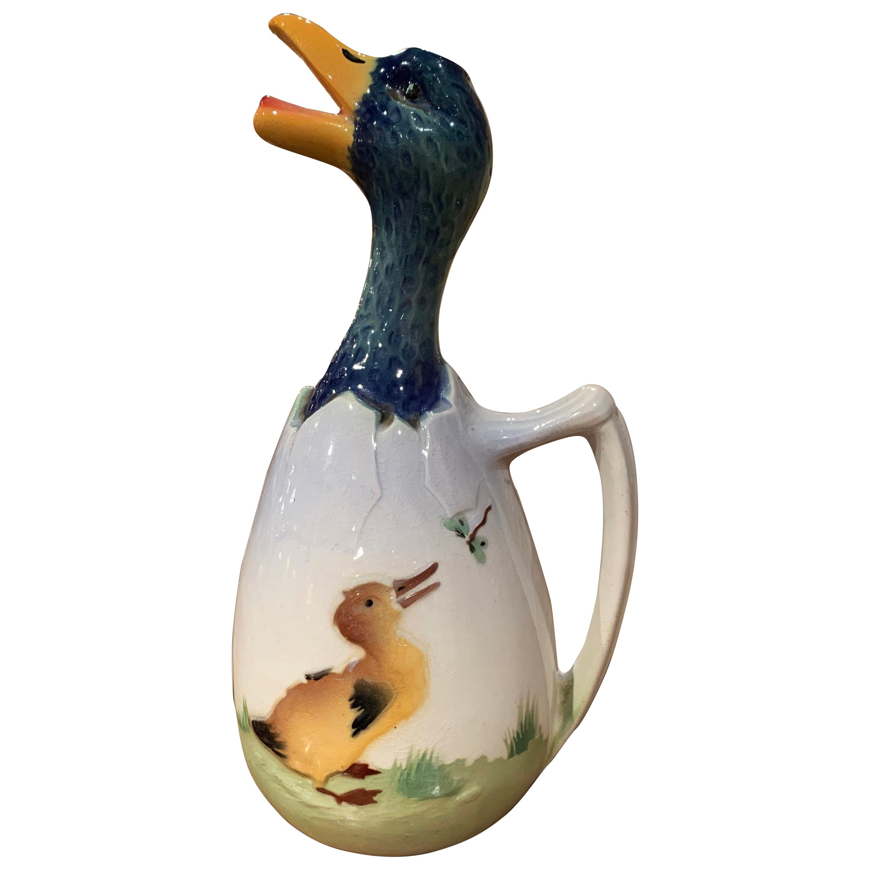 19th Century French Saint Clement Painted Ceramic Barbotine Duck Pitcher