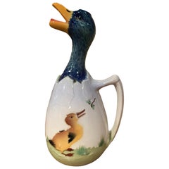 19th Century French Saint Clement Painted Ceramic Barbotine Duck Pitcher