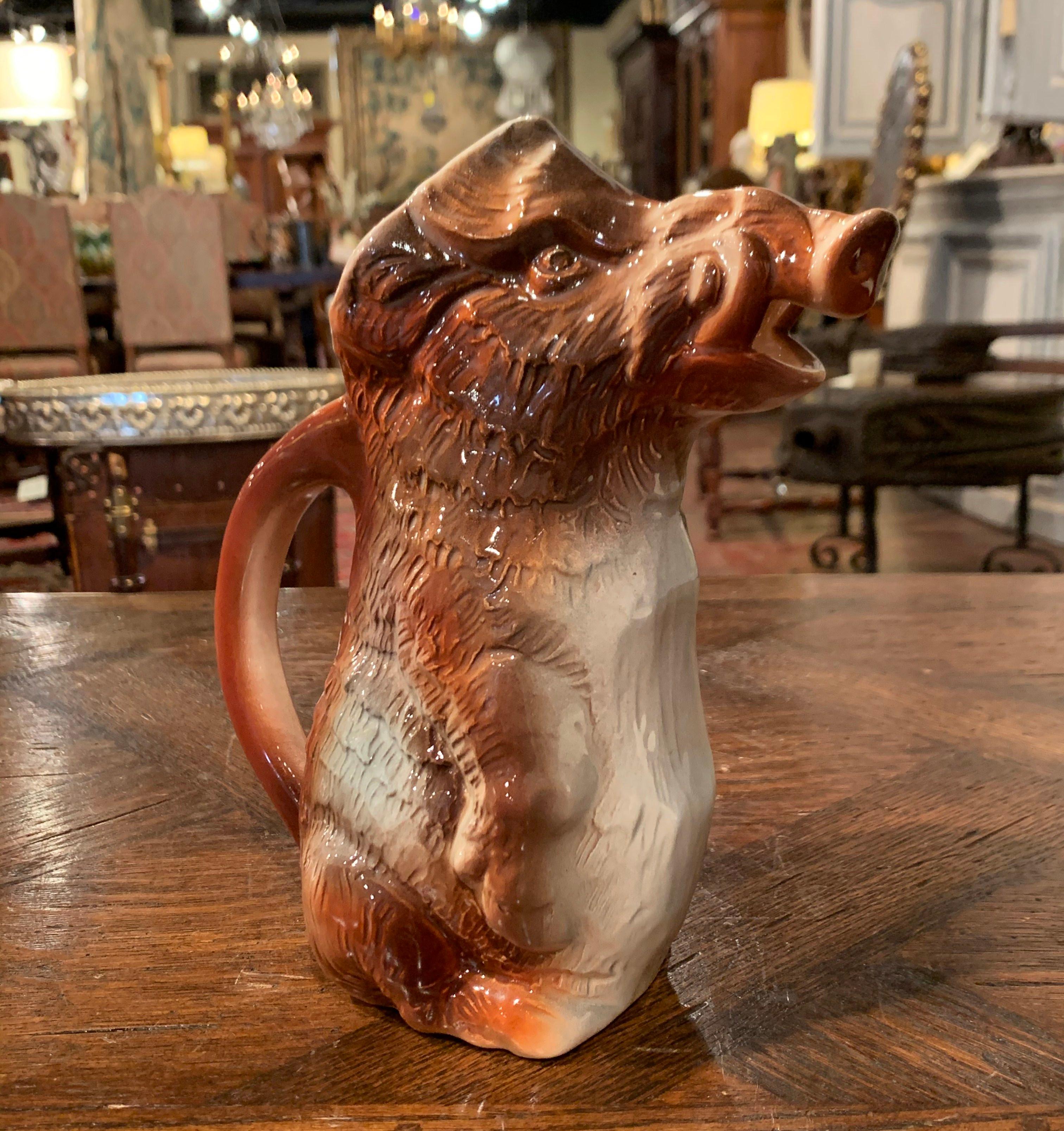 19th Century French Saint Clement Painted Ceramic Barbotine Hog Pitcher In Excellent Condition In Dallas, TX