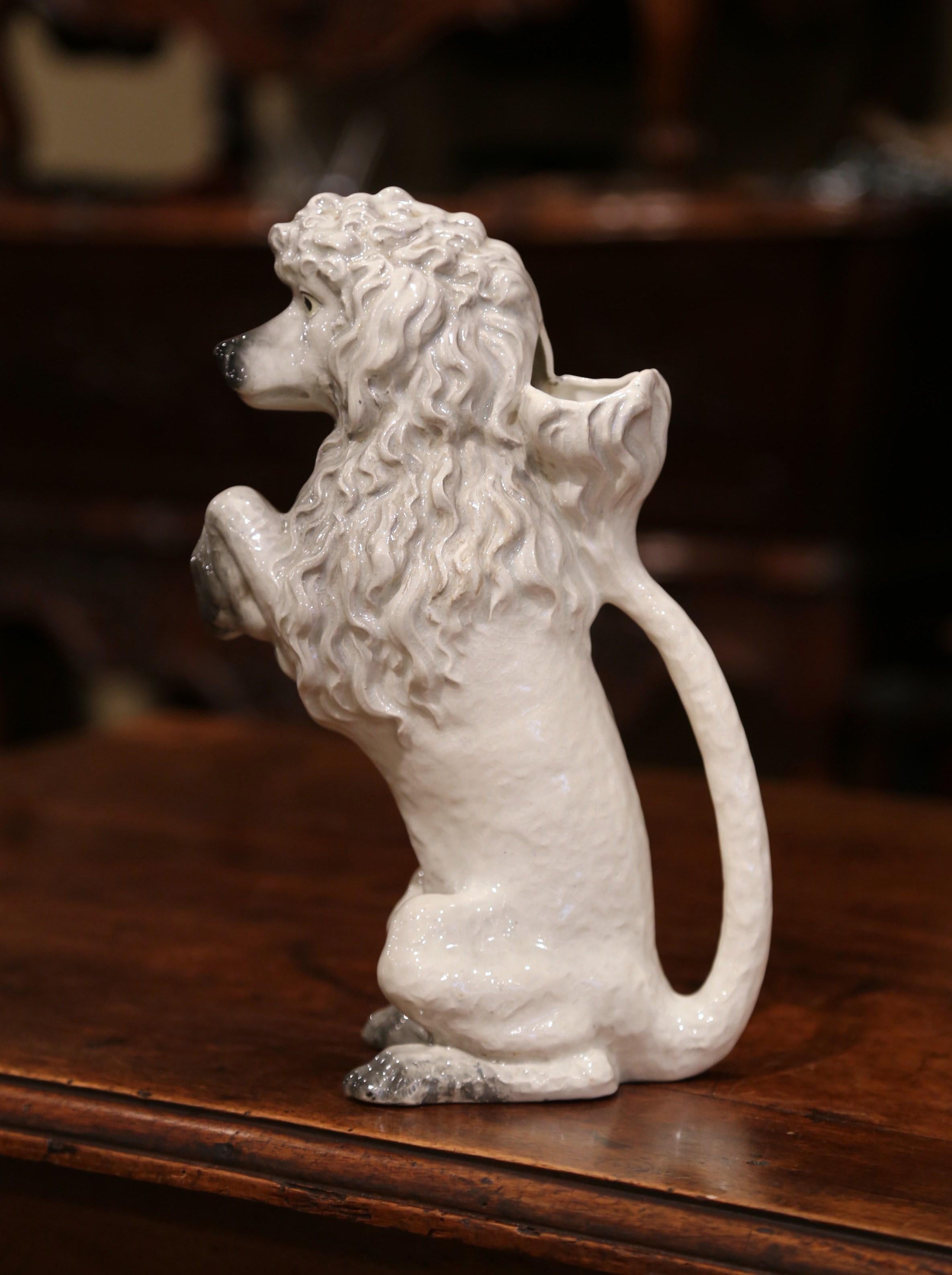 19th Century French Saint Clement Painted Ceramic Barbotine Poodle Pitcher In Excellent Condition In Dallas, TX