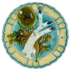 19th Century French Salins-les-Bains Majolica Faïence Asparagus Artichoke Plate