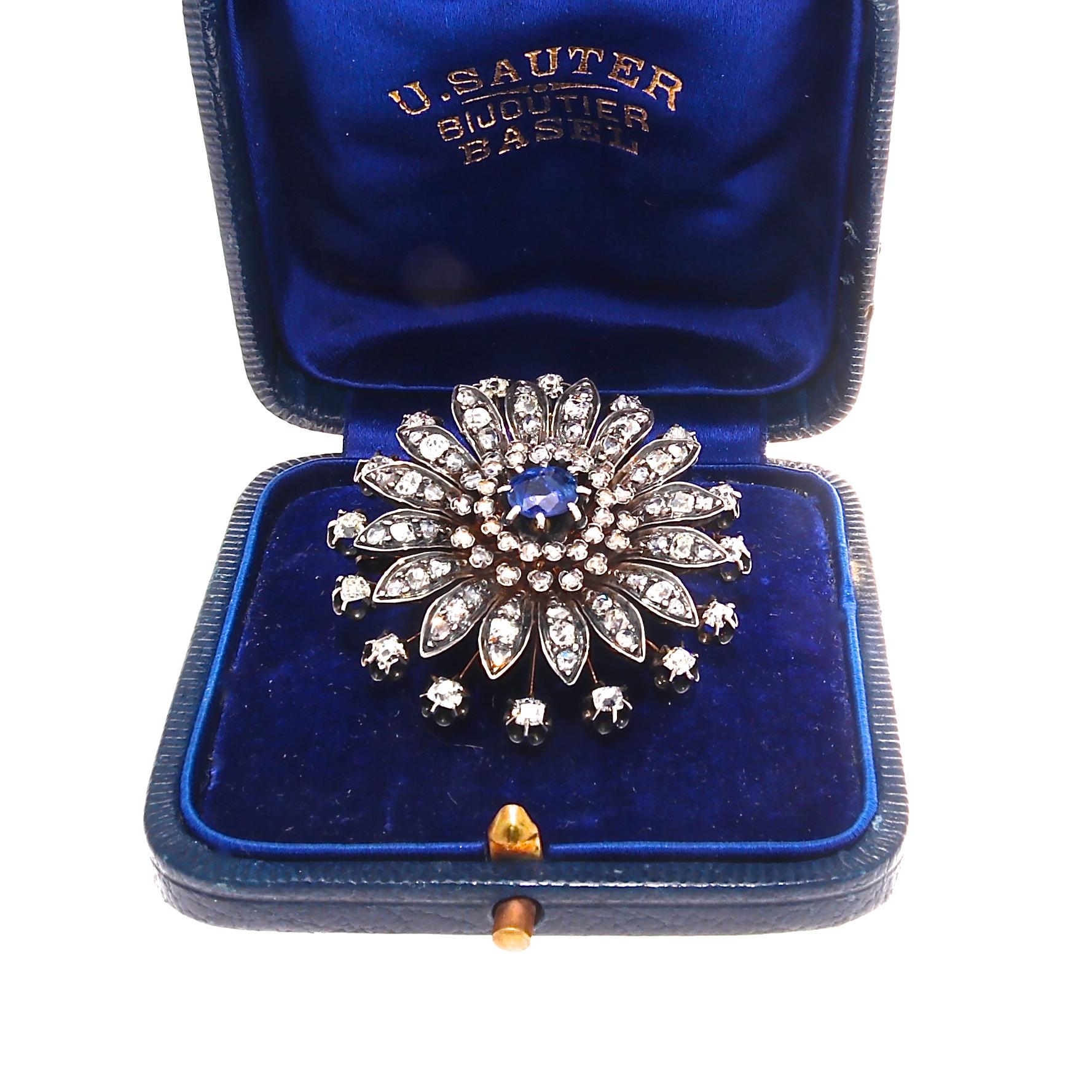 19th Century French Sapphire Diamond Brooch In Excellent Condition In Beverly Hills, CA
