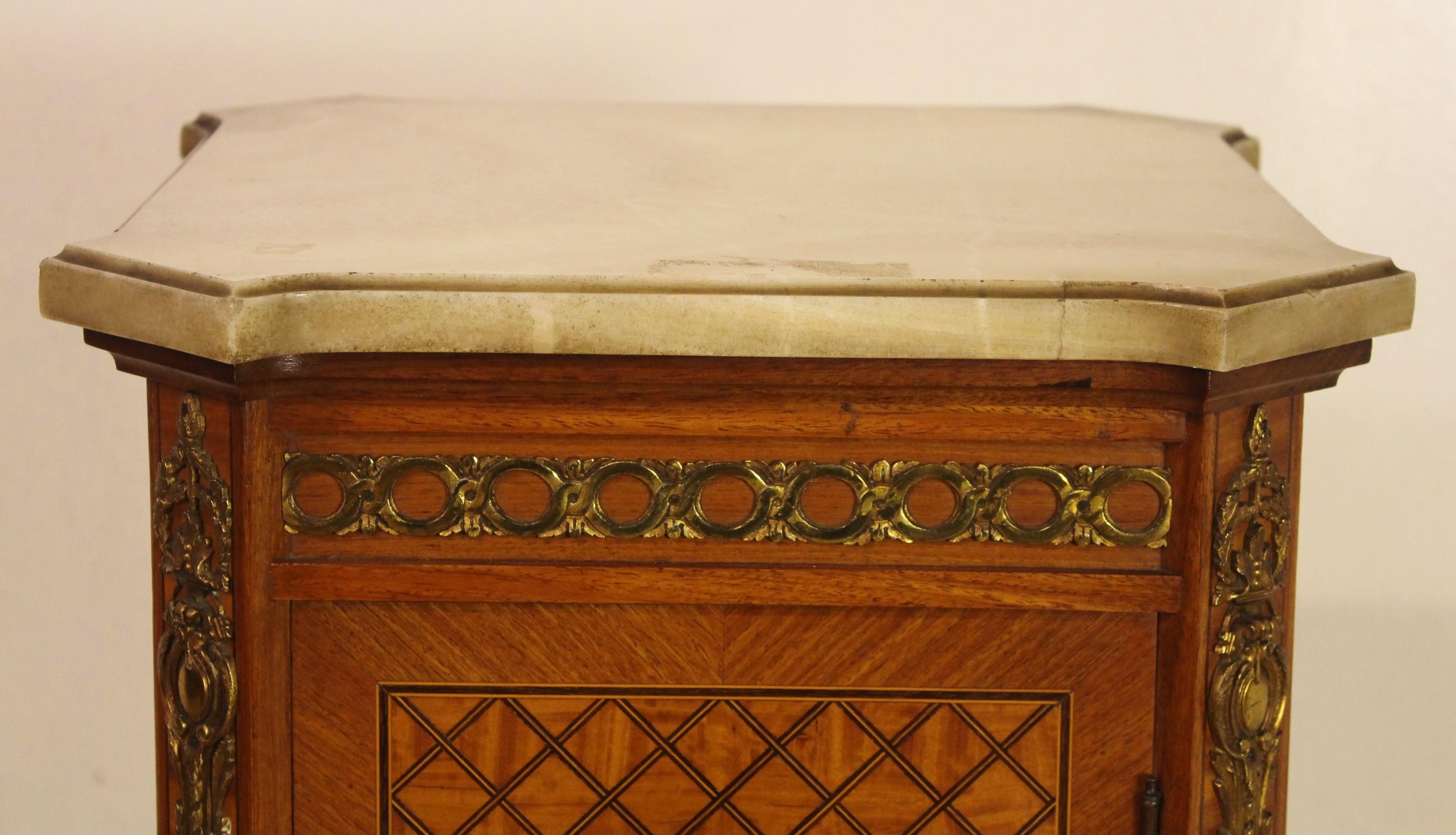 Parquetry 19th Century French Satinwood Marble Topped Cabinet