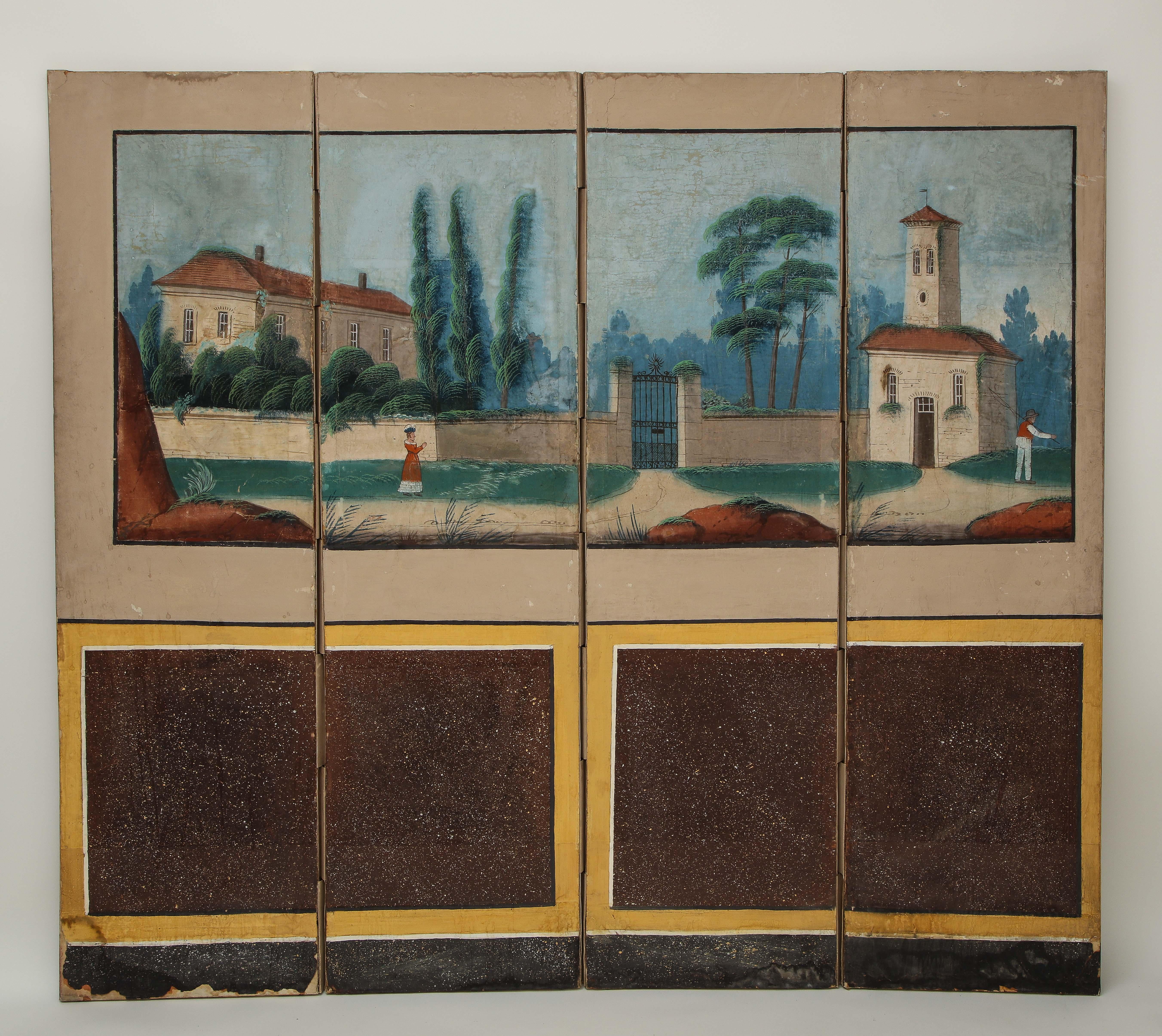 With charming pastoral scene of two figures in a Mediterranean landscape with red clay roof-tiled stucco buildings, set above faux porphyry paneling.