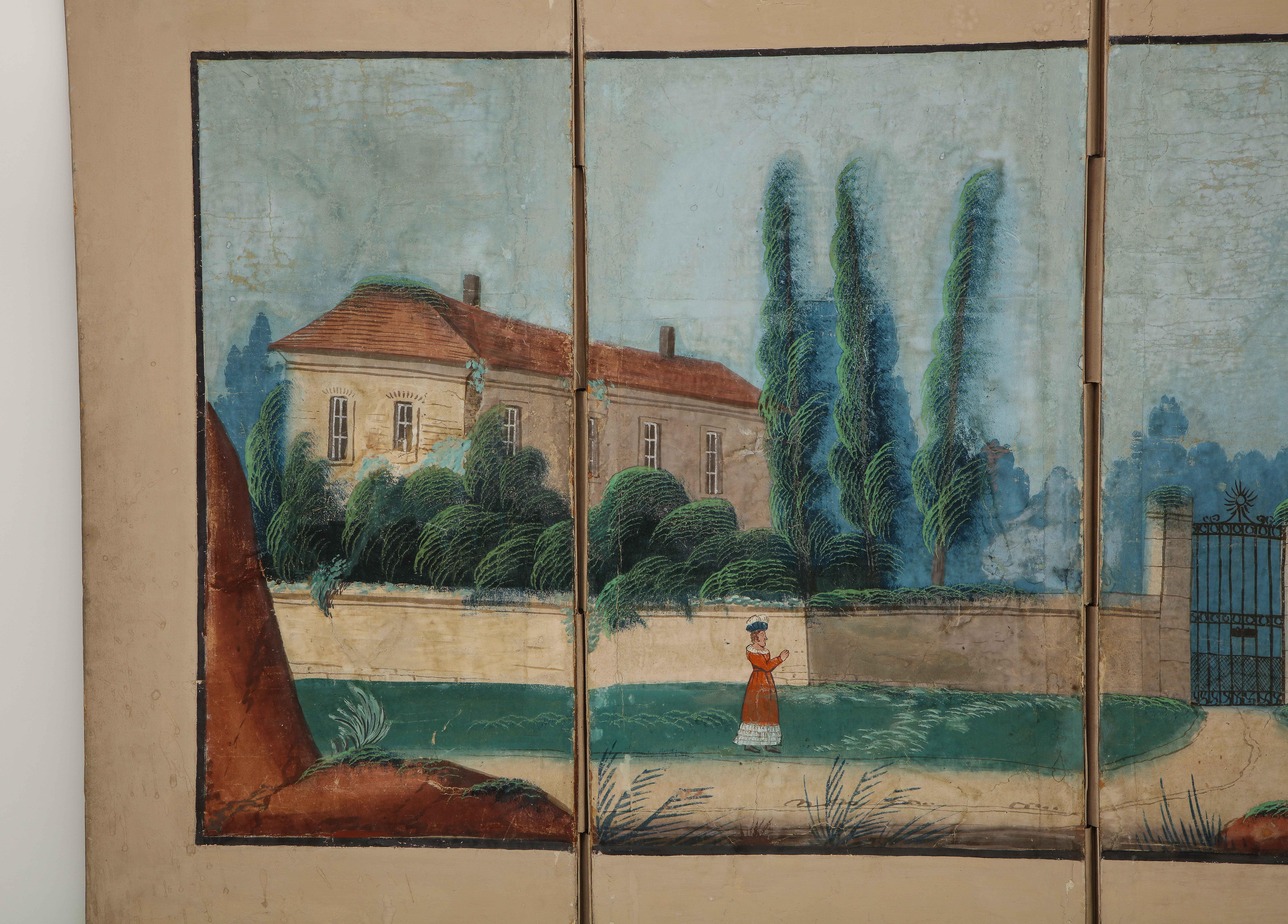 Neoclassical 19th Century French Scenic Hand Painted Four-Panel Screen For Sale