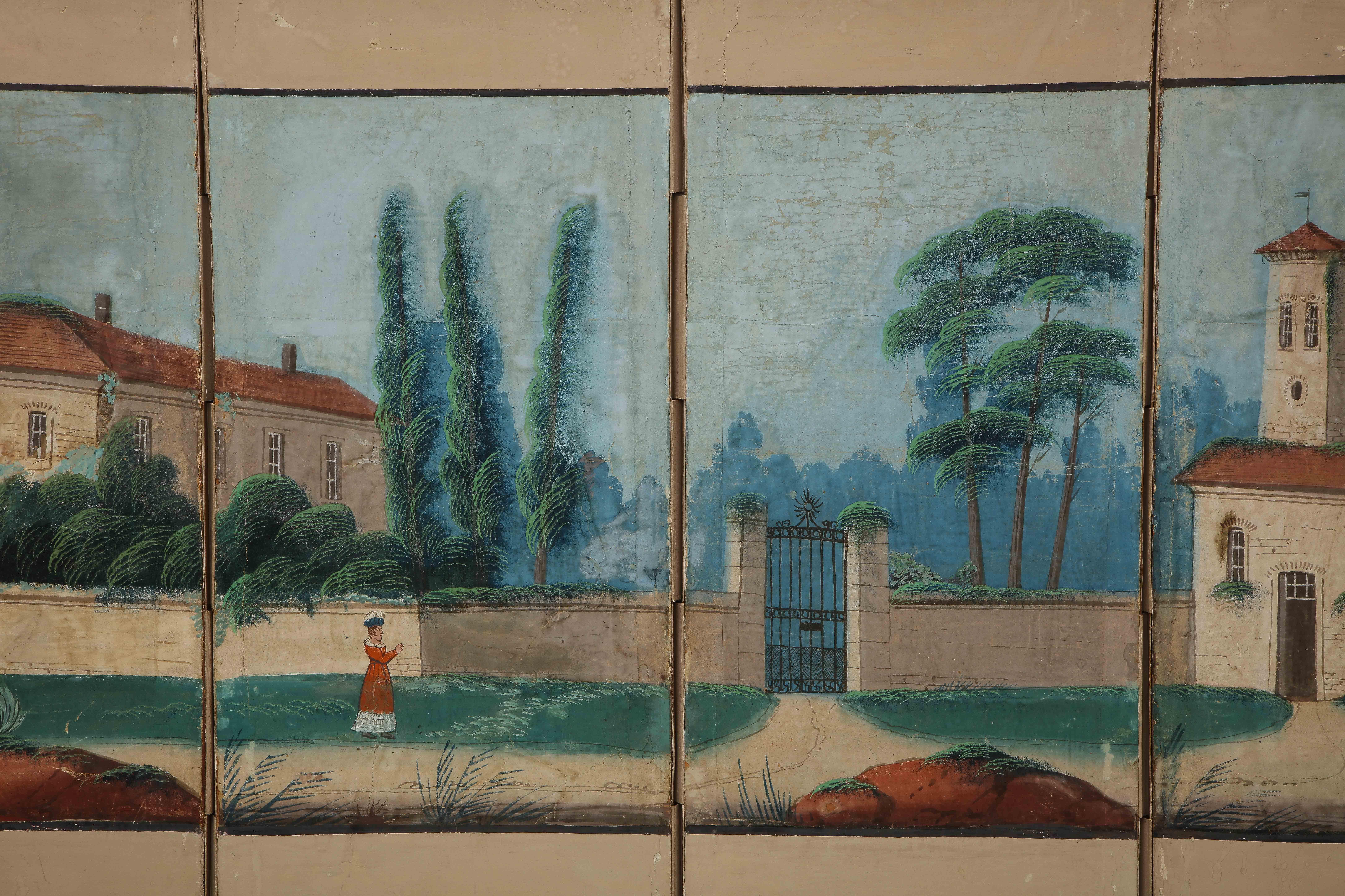 19th Century French Scenic Hand Painted Four-Panel Screen In Fair Condition For Sale In New York, NY