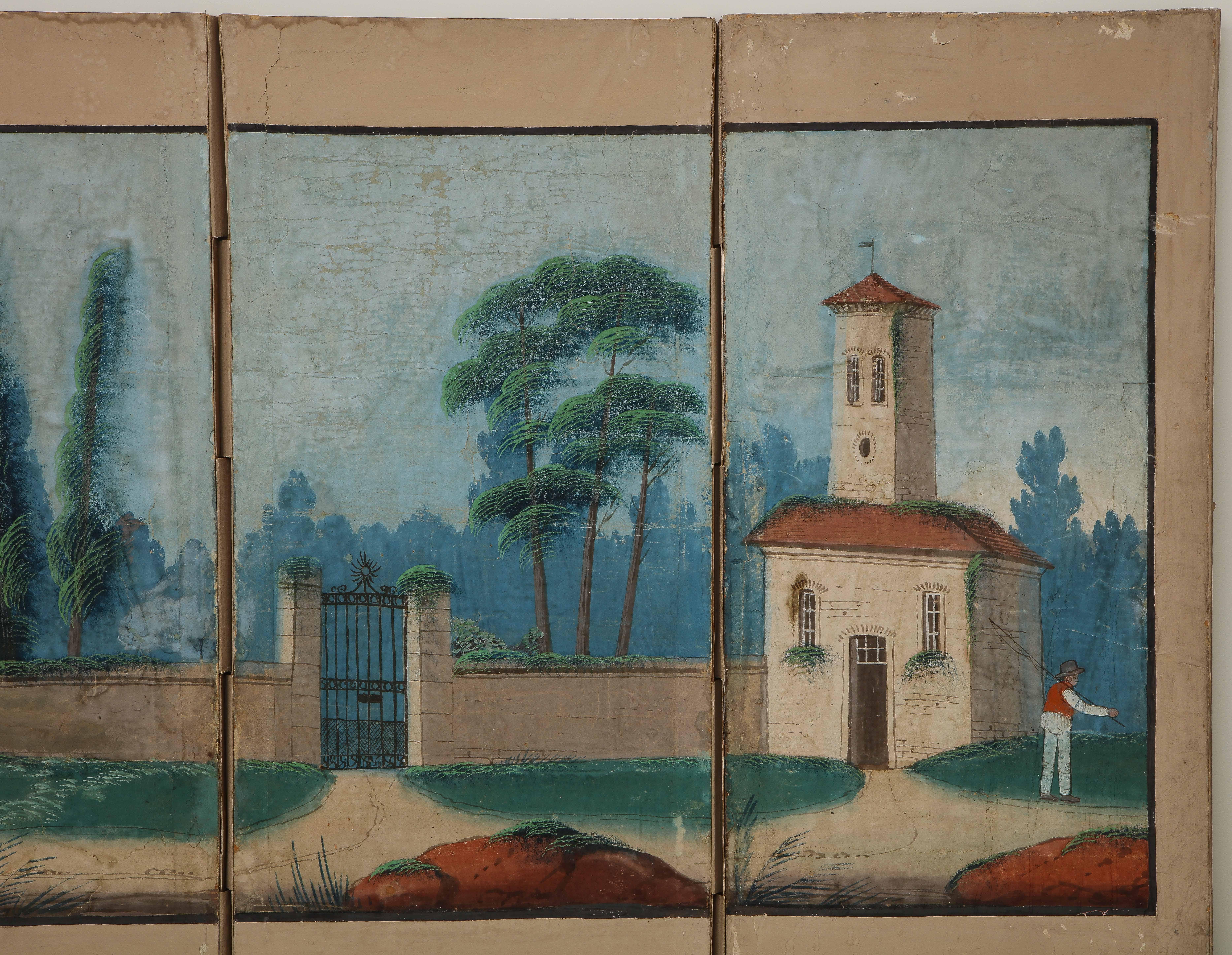 Canvas 19th Century French Scenic Hand Painted Four-Panel Screen For Sale