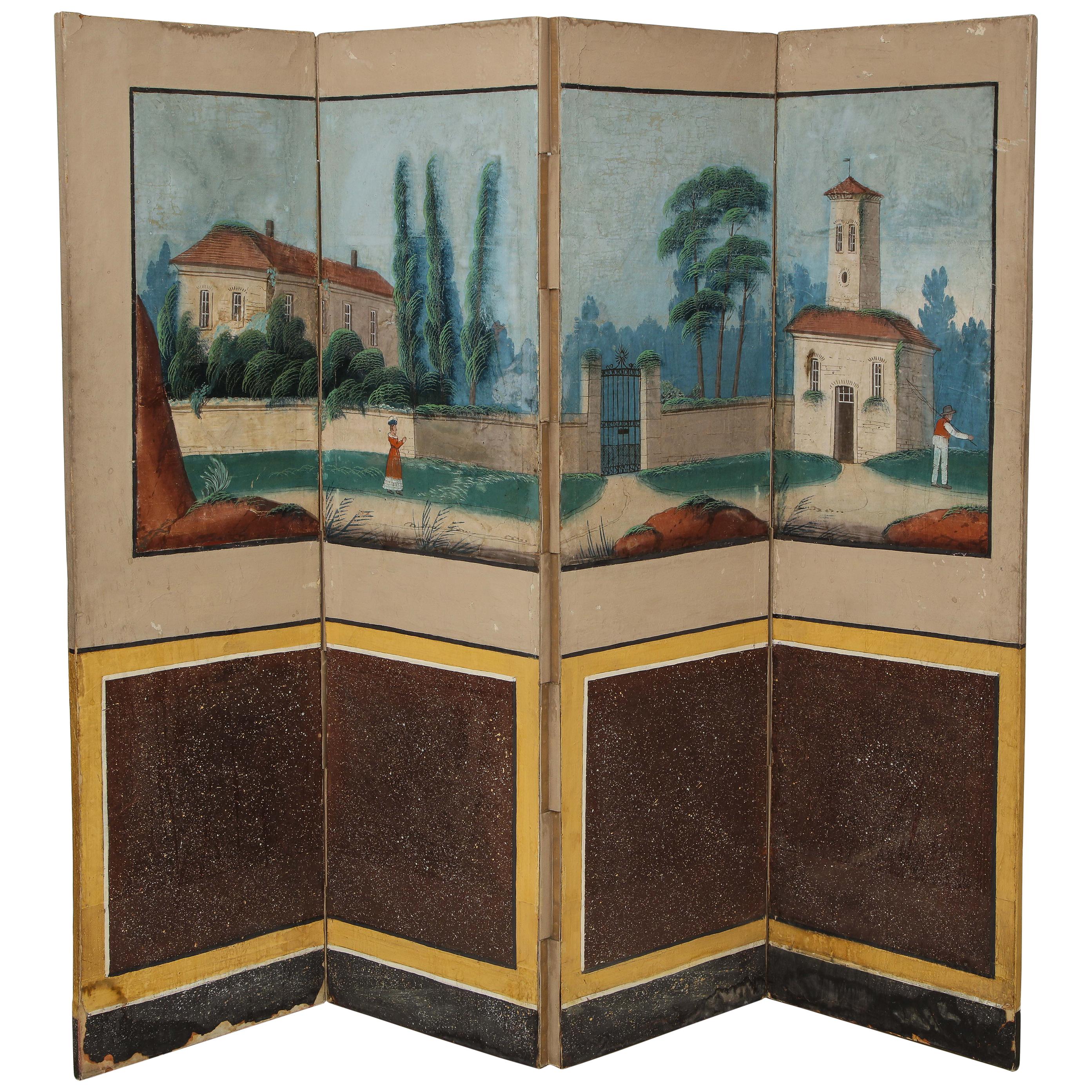 19th Century French Scenic Hand Painted Four-Panel Screen