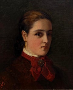19th Century French Portrait of Young Woman in Red Bow Fine Oil Painting 1878