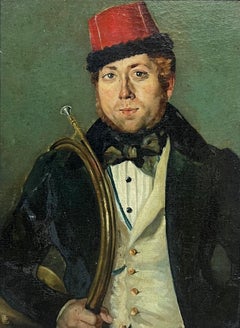 Antikes französisches/italienisches Ölgemälde Porträt eines uniformierten Blechblasmusikers