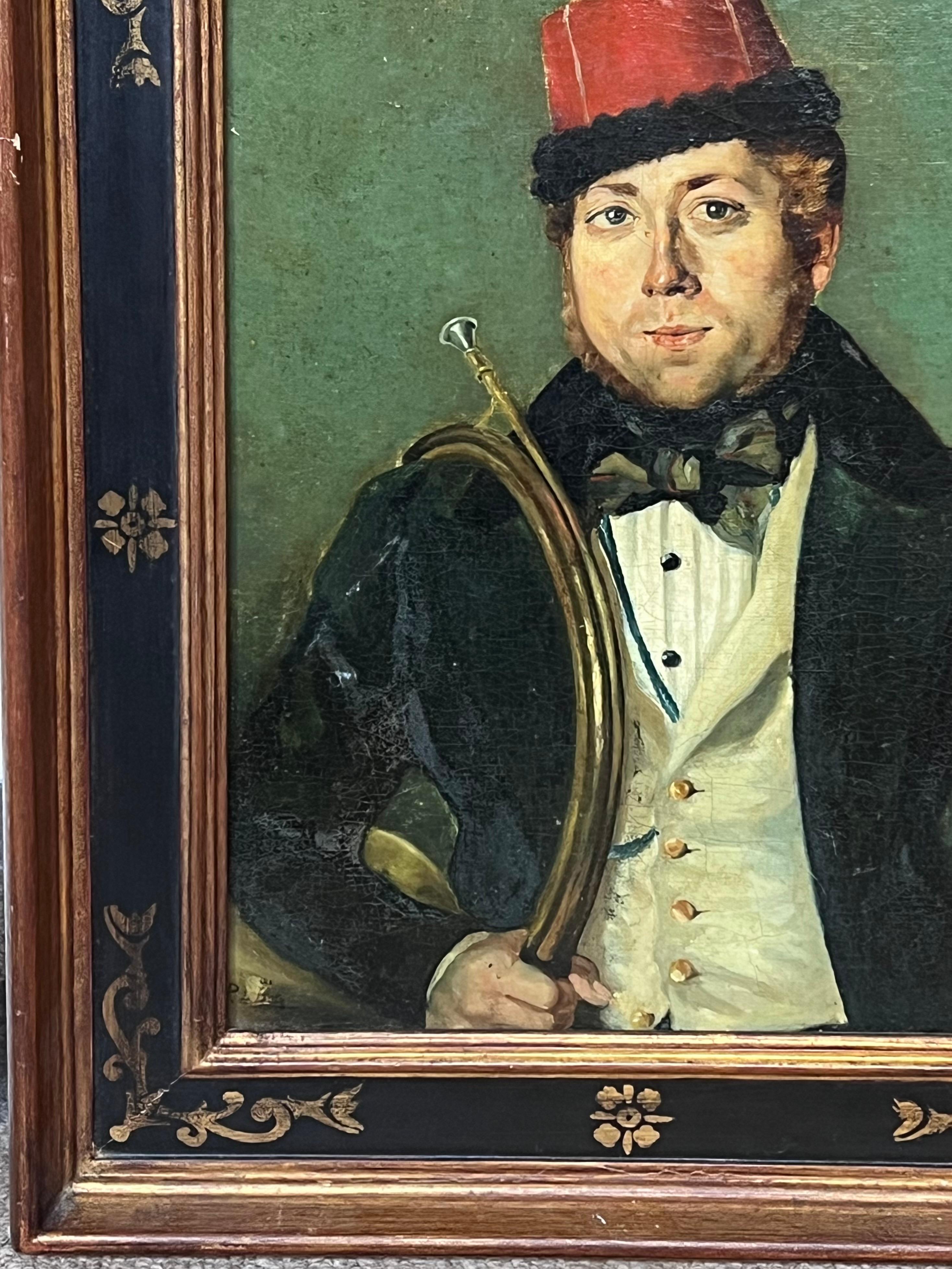 Ancien portrait à l'huile français/italien d'un musicien uniformé en laiton - École française Painting par 19th Century French School