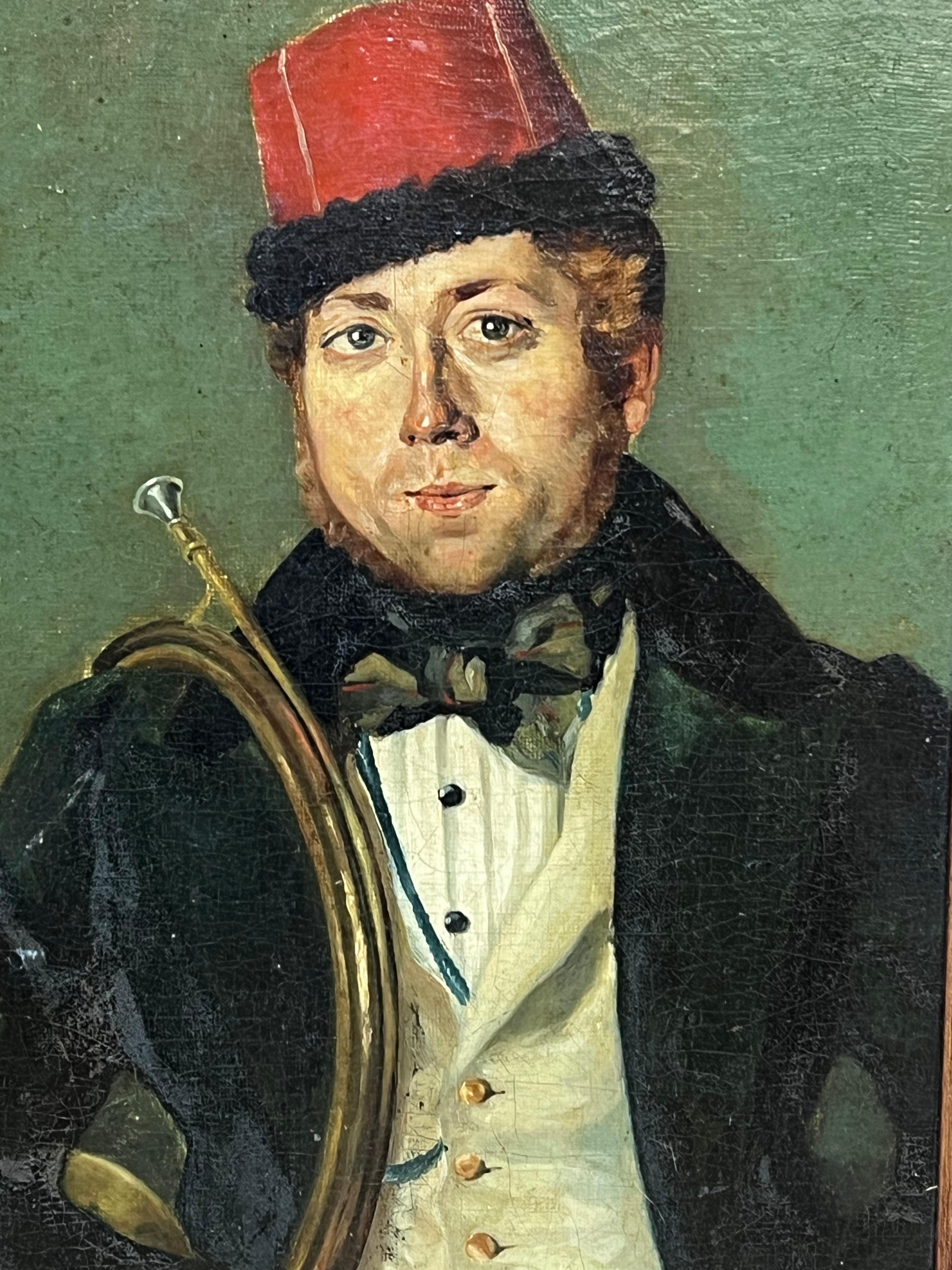 Ancien portrait à l'huile français/italien d'un musicien uniformé en laiton - Noir Figurative Painting par 19th Century French School