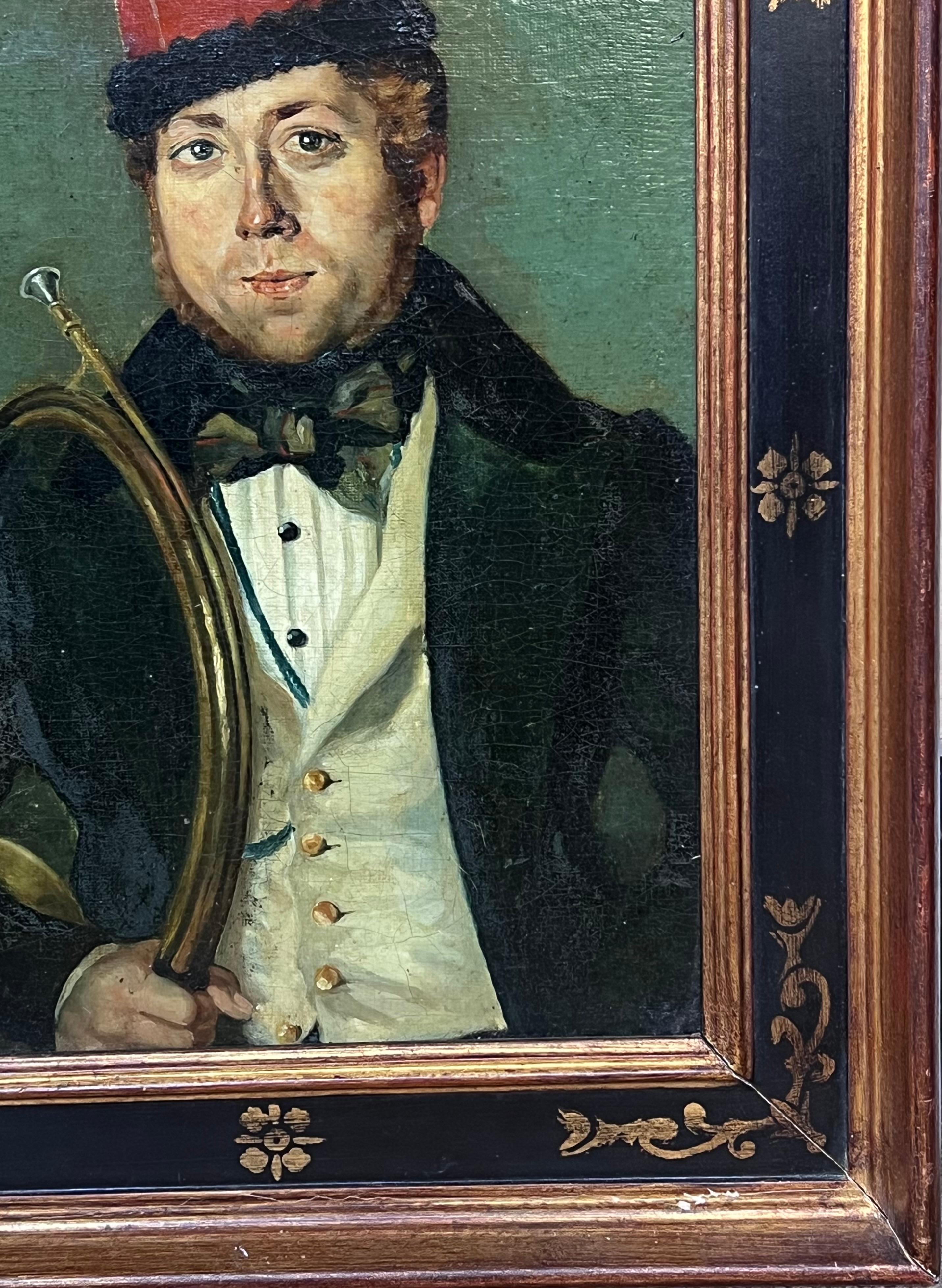Le musicien de brass band
19e siècle, École française/ italienne
huile signée sur toile montée sur carton, encadrée 
encadré : 19 x 15 pouces
planche : 14 x 10.5 pouces
Collectional : collection privée, Nice, Sud de la France
Condit : quelques