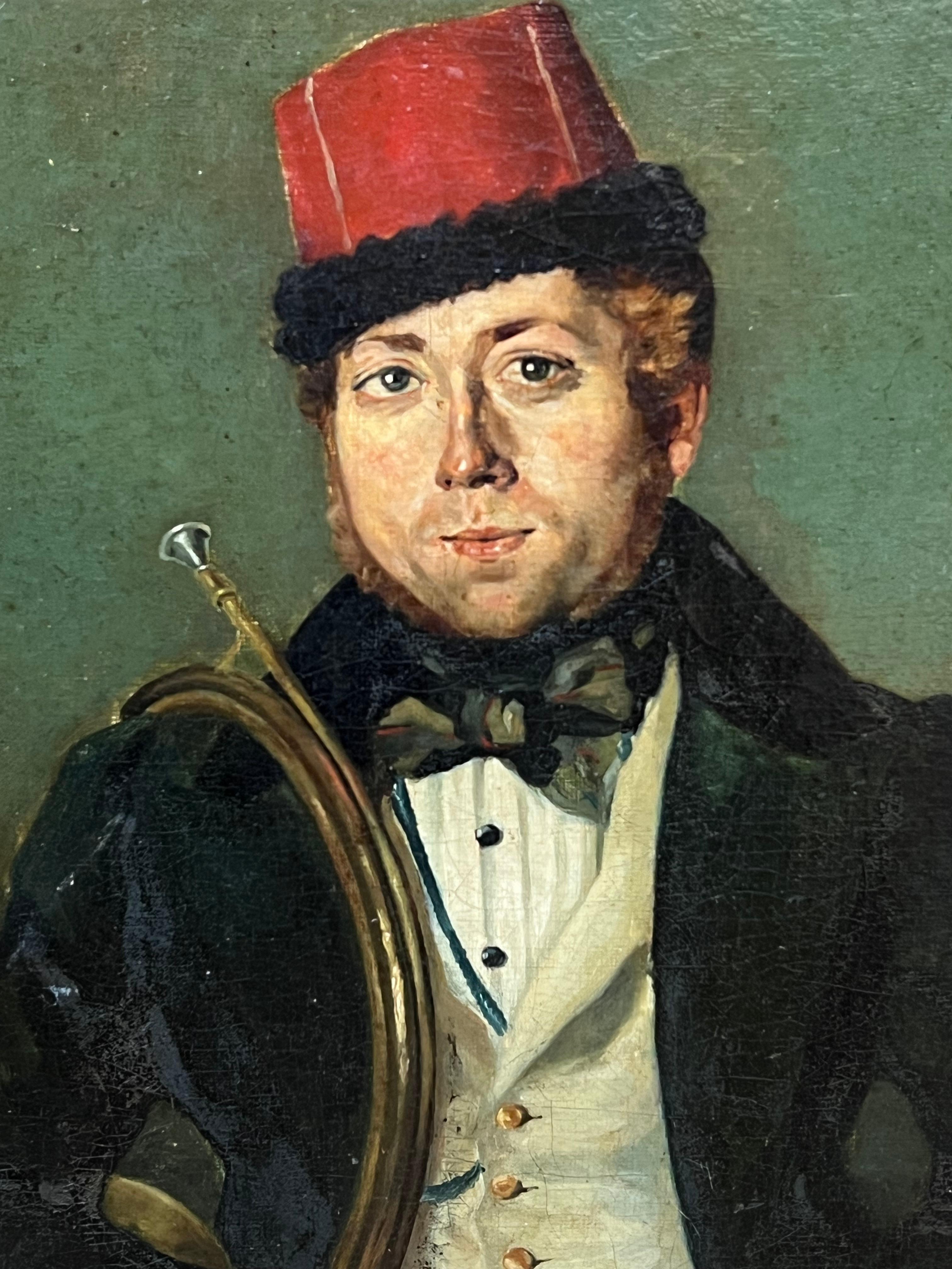 Ancien portrait à l'huile français/italien d'un musicien uniformé en laiton en vente 3