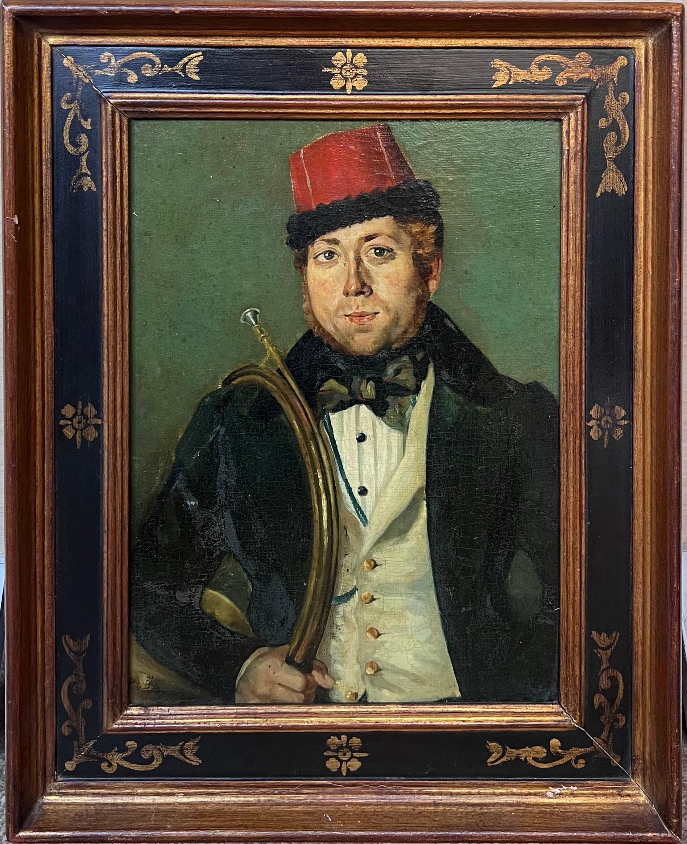 Antique French/Italian Oil Painting Ritratto di un musicista di ottoni in uniforme