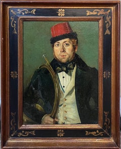 Antique French/Italian Oil Painting Ritratto di un musicista di ottoni in uniforme