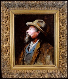 Bearded Man in a Fedora - 19th Century French Antique Portrait Oil Painting