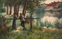 Figuren in Flusslandschaft - Antique French Impressionist Painting aus dem 19.