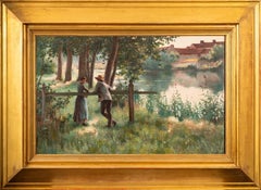 Figures in River Landscape - 19th Century Antique French Impressionist Painting