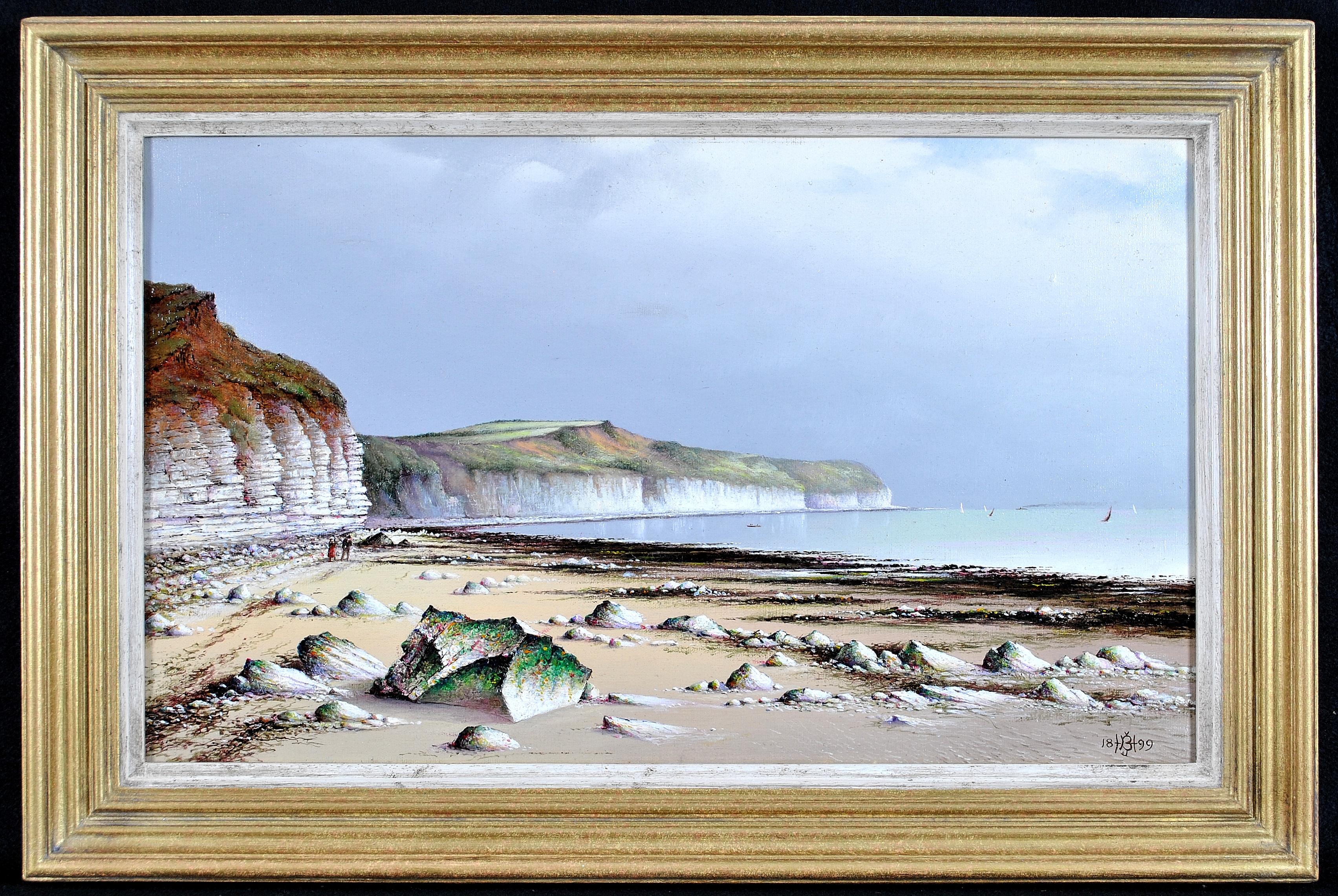 Landscape Painting di 19th Century French School - Figure su una spiaggia - Pittura a olio antica impressionista francese del XIX secolo