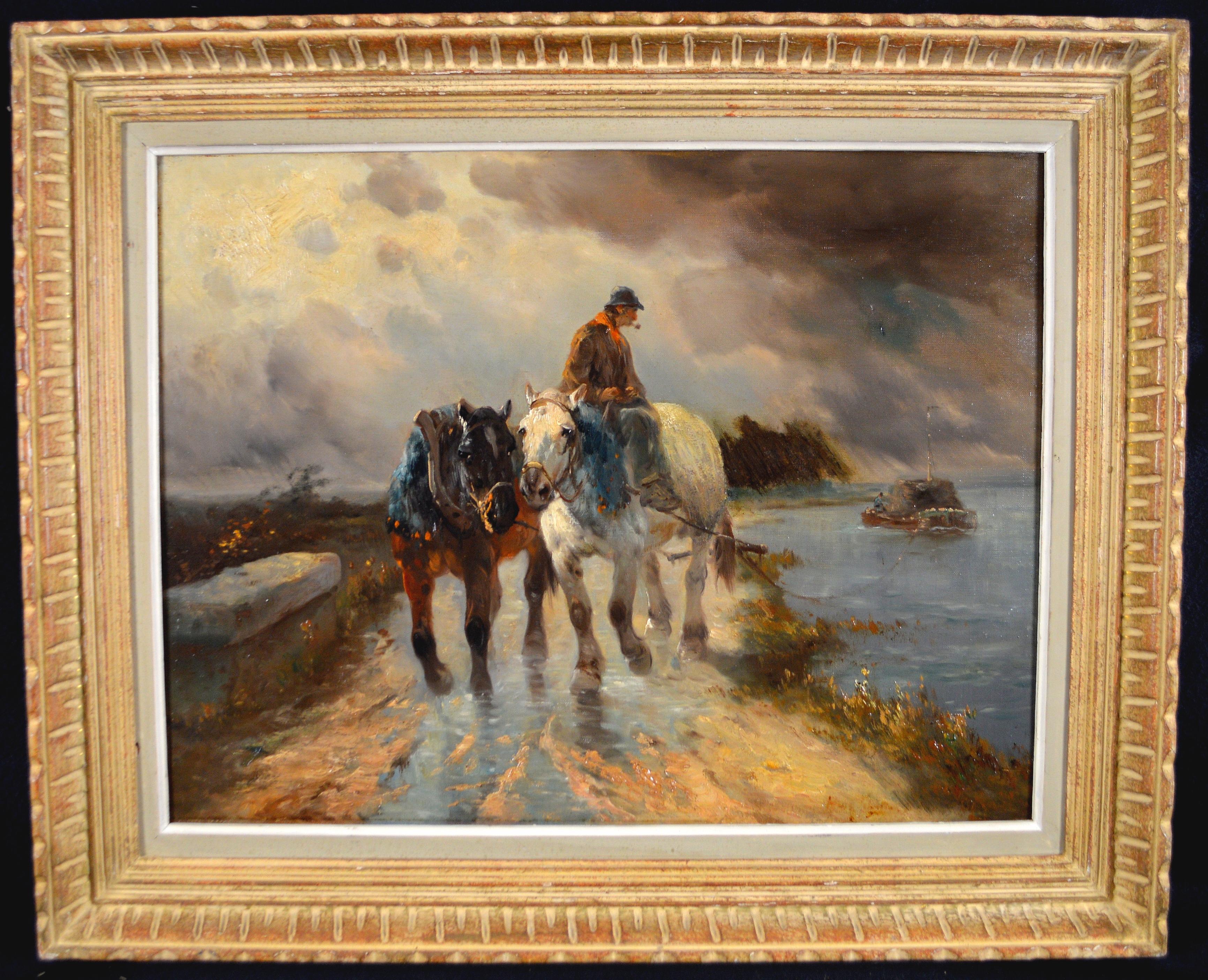 Heavy Horses - Grande peinture à l'huile du 19e siècle sur le paysage d'une péniche sur un canal français