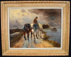Heavy Horses - Large 19th Century French Canal Barge Landscape Oil Painting