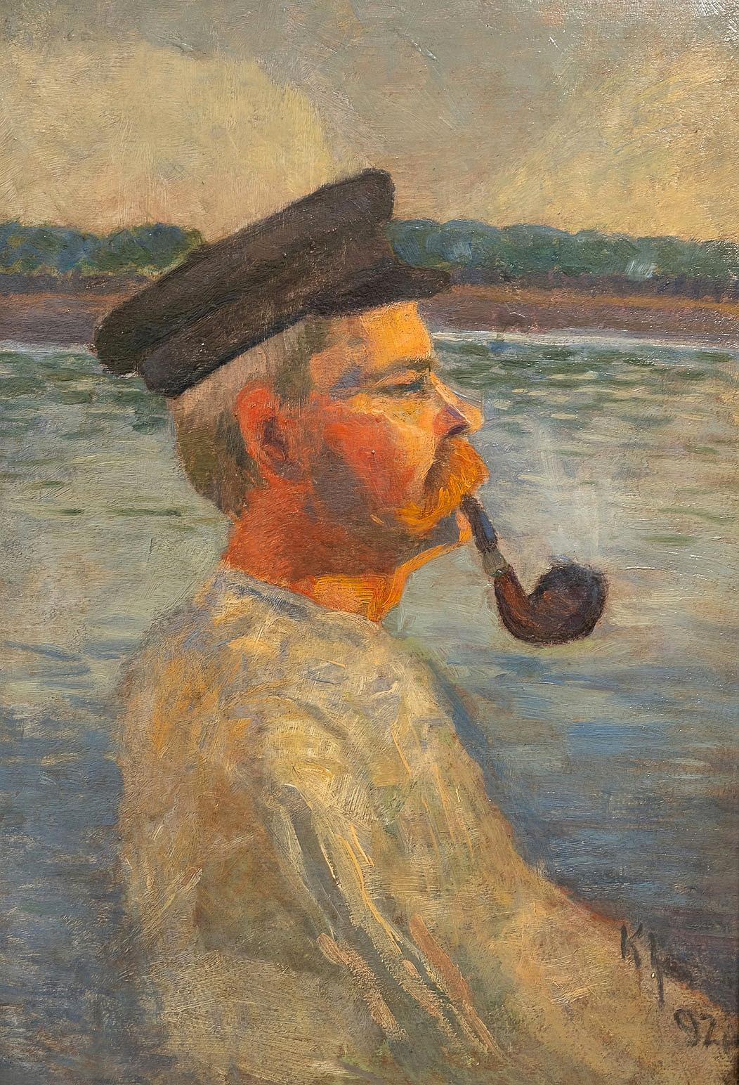 Hombre con pipa - Pintura retrato postimpresionista francés del siglo XIX fumando - Painting de 19th Century French School