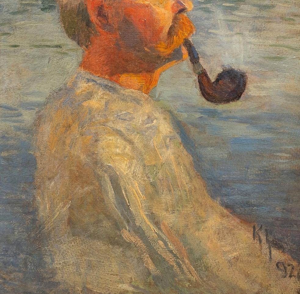 Precioso retrato postimpresionista francés al óleo sobre tabla de finales del siglo XIX de un hombre con una pipa. La obra está firmada con iniciales y fechada en 1892 abajo a la derecha. Presentado en un marco negro con deslizamiento interior